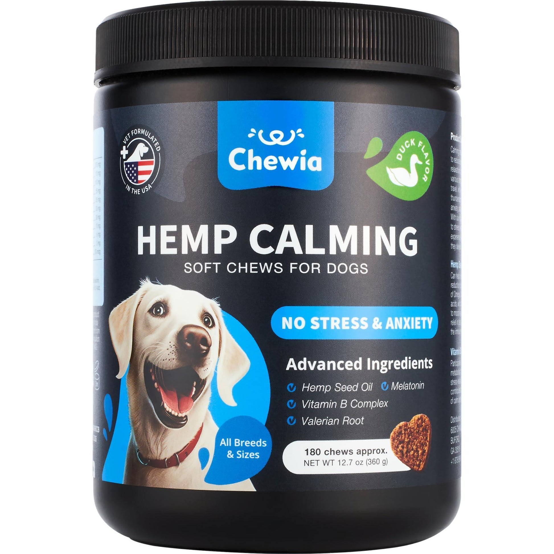 CHEWIA Hemp Dog Calming Chews 180 Treats (Duck Flavor) For Pet With Love