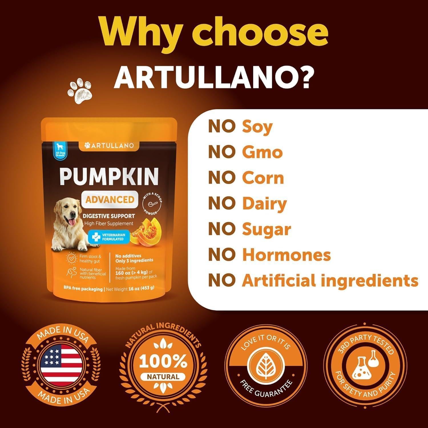 Artullano Pumpkin Powder Fiber Supplement for Dogs Digestive Support 16 OZ For Pet With Love