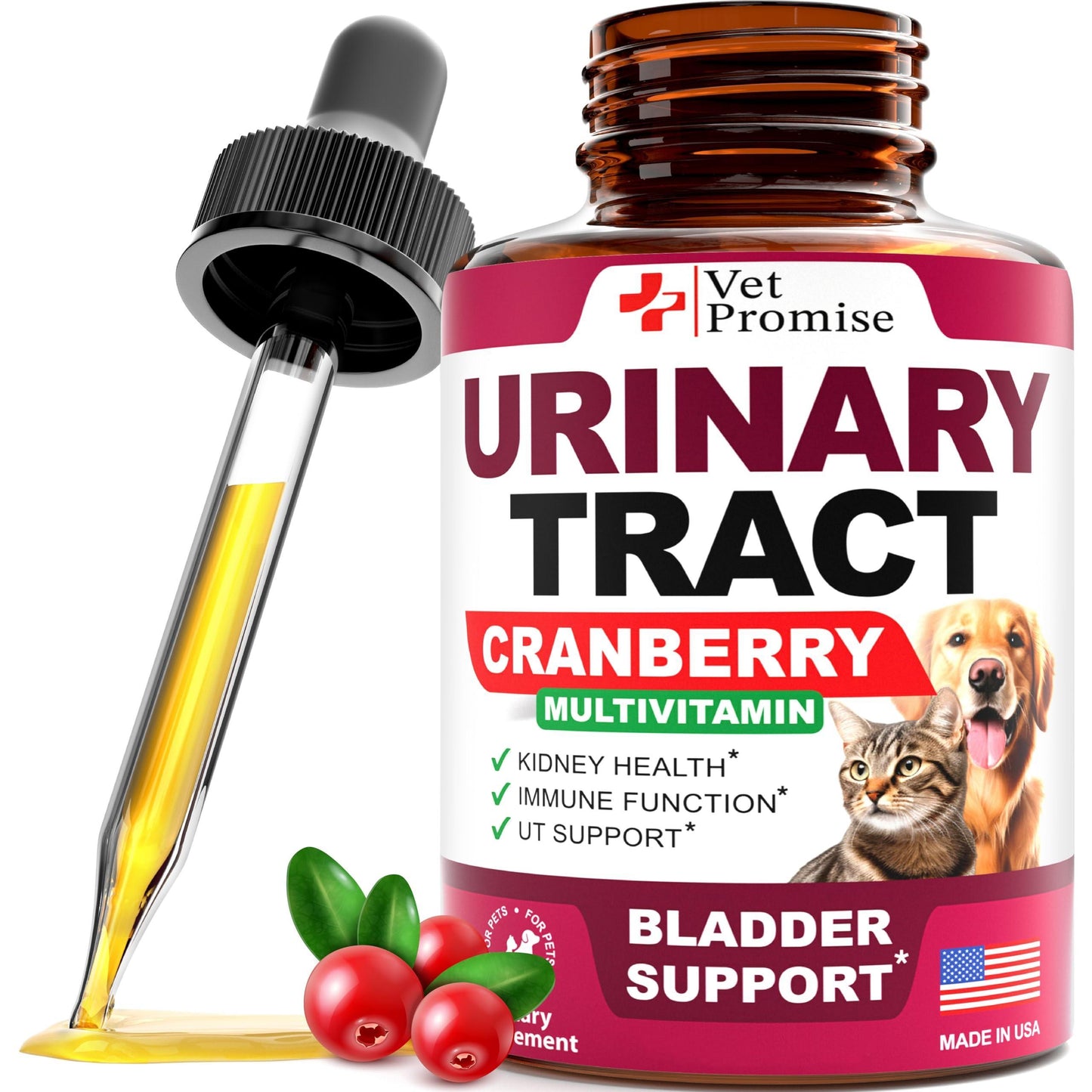 Vet Promise Cranberry UTI Drops, Bladder & Kidney Support Supplement for Cats & Dogs 2 oz For Pet With Love