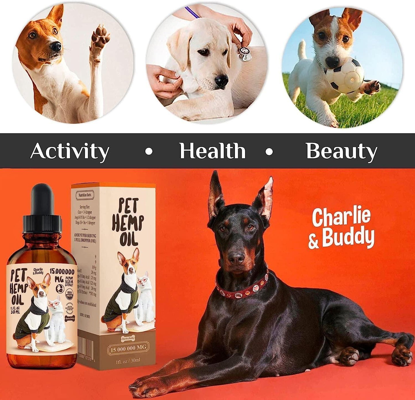 Charlie & Buddy Hemp Oil for Dogs and Cats. Hip and Joint Support and Skin Health Anxiety Calm. Omega 3, 6, 9, and Vitamins B, C, and E For Pet With Love