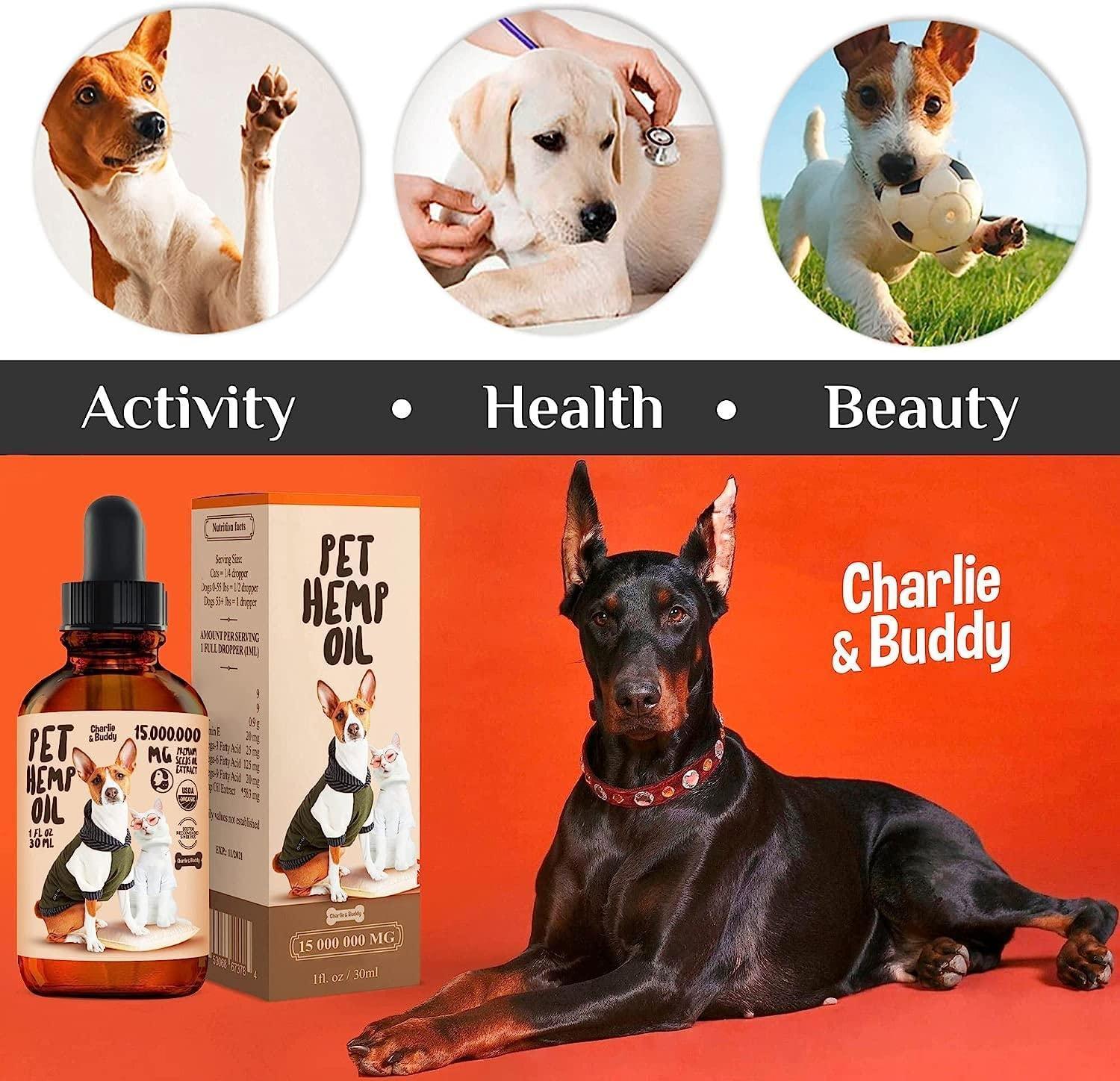 Charlie & Buddy Hemp Oil for Dogs and Cats. Hip and Joint Support and Skin Health Anxiety Calm. Omega 3, 6, 9, and Vitamins B, C, and E For Pet With Love