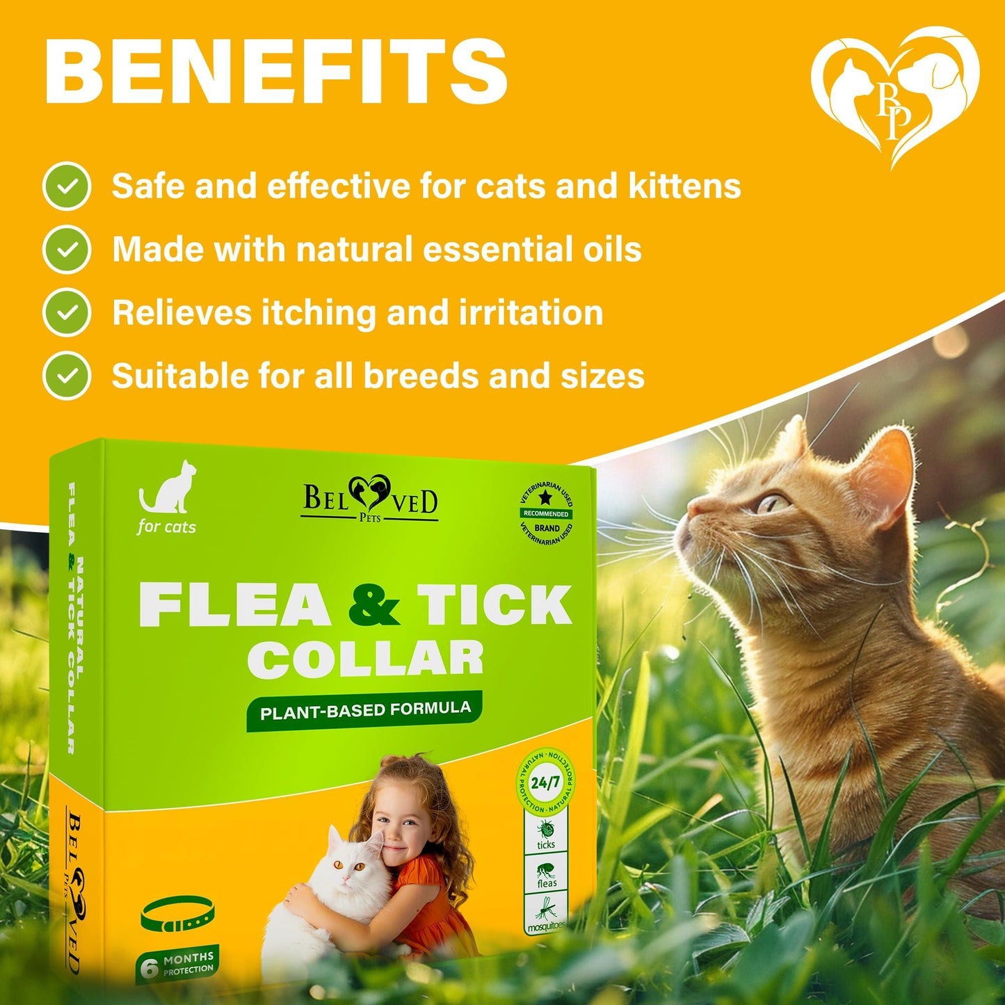Beloved Pets Natural Flea & Tick Collar for Cats. 6 Months Control of Best Prevention & Safe Treatment with Essential Oil Repellent (1 Count) For Pet With Love