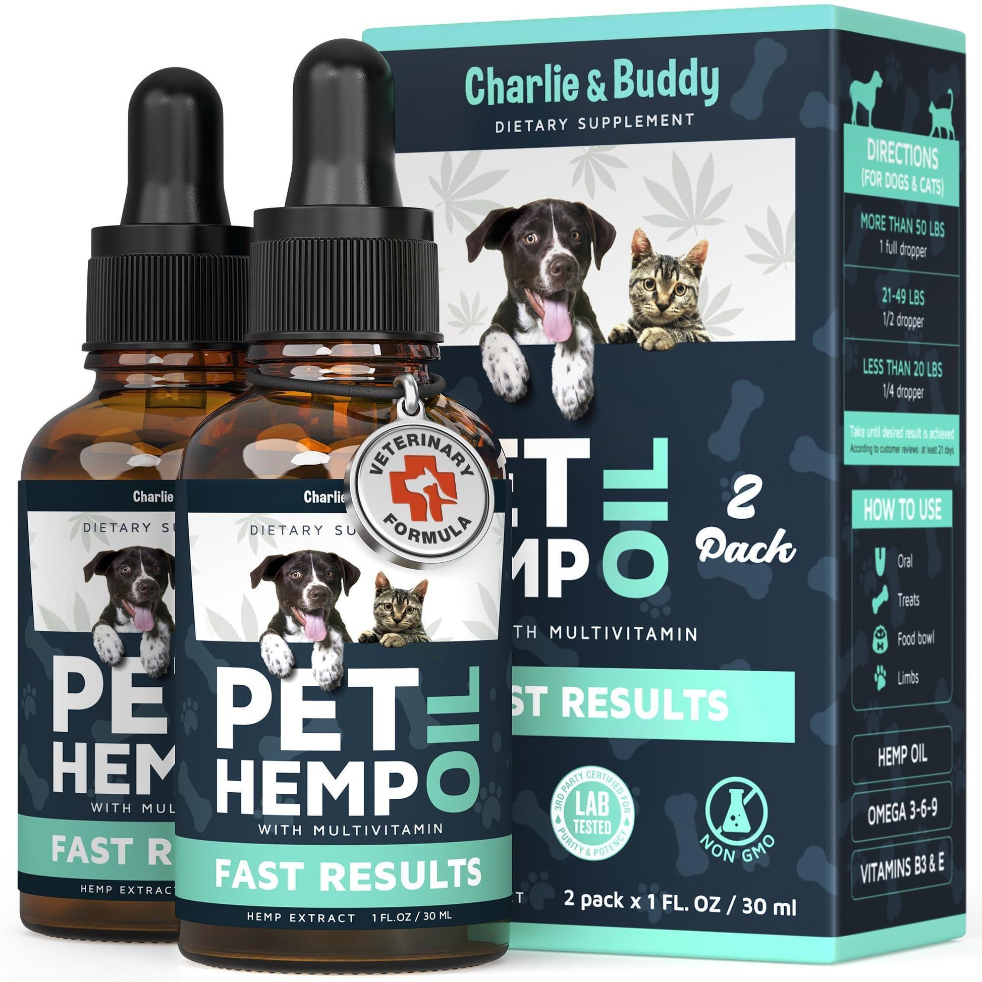 Charlie & Buddy Pet Hemp Oil Supplement for Dogs and Cats. Helps with Anxiety, Pain, Stress, Sleep, Arthritis, Seizures Relief. Joint Health Support - 2Pack For Pet With Love