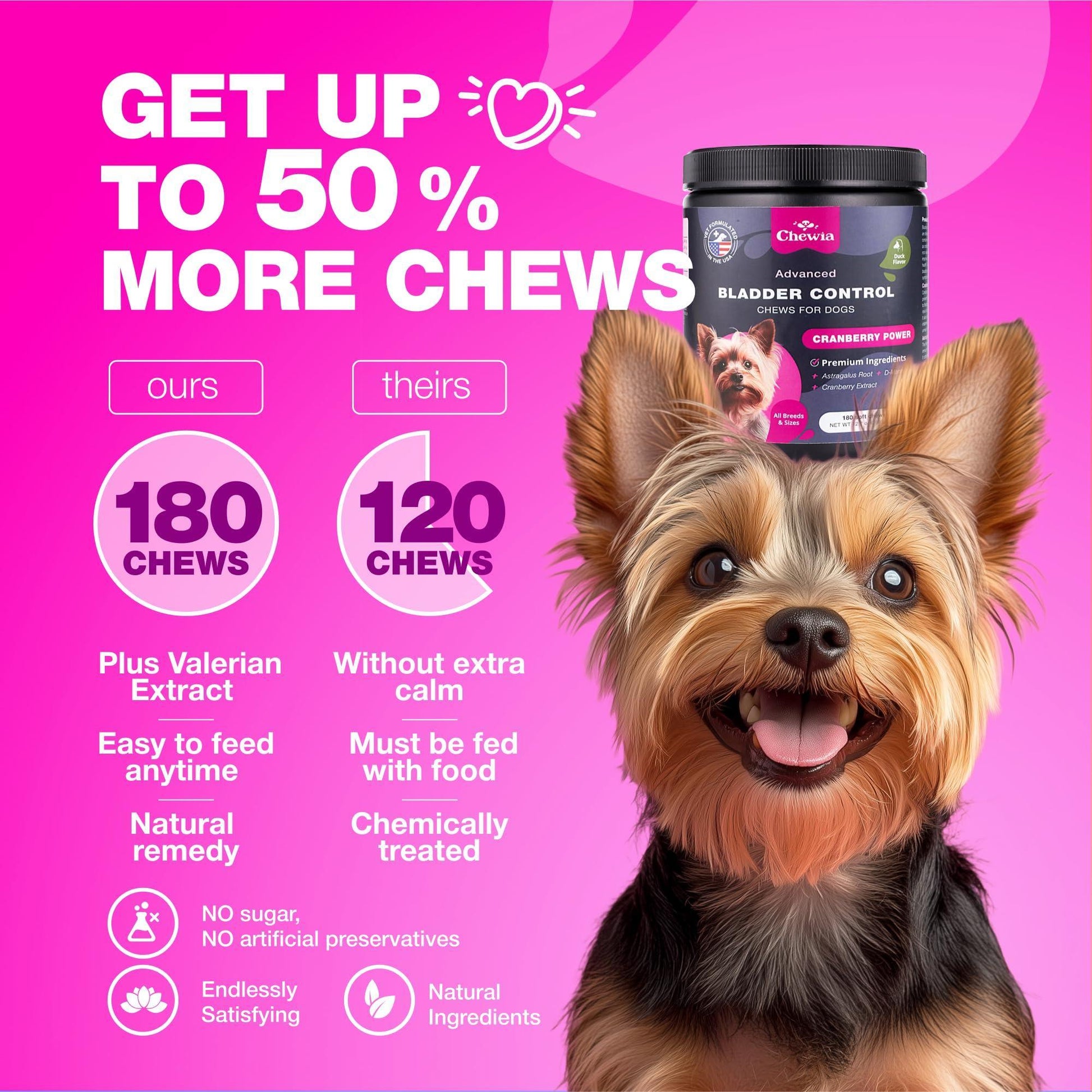 CHEWIA Dog Cranberry UTI Treatment Supplement for Bladder & Kidney Health 180 Chews For Pet With Love