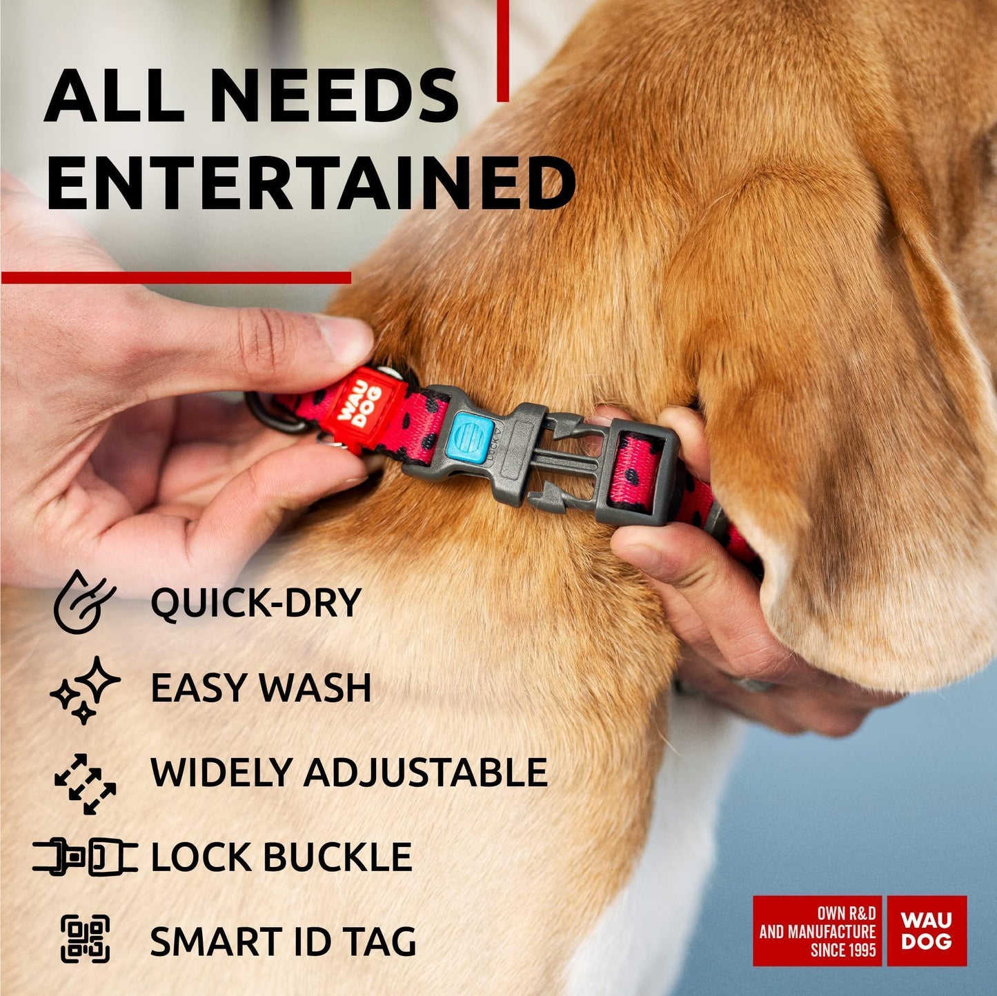 WAUDOG Nylon Adjustable Dog Collar with Durable Plastic Buckle and QR Dog Tag WATERMELON XL For Pet With Love