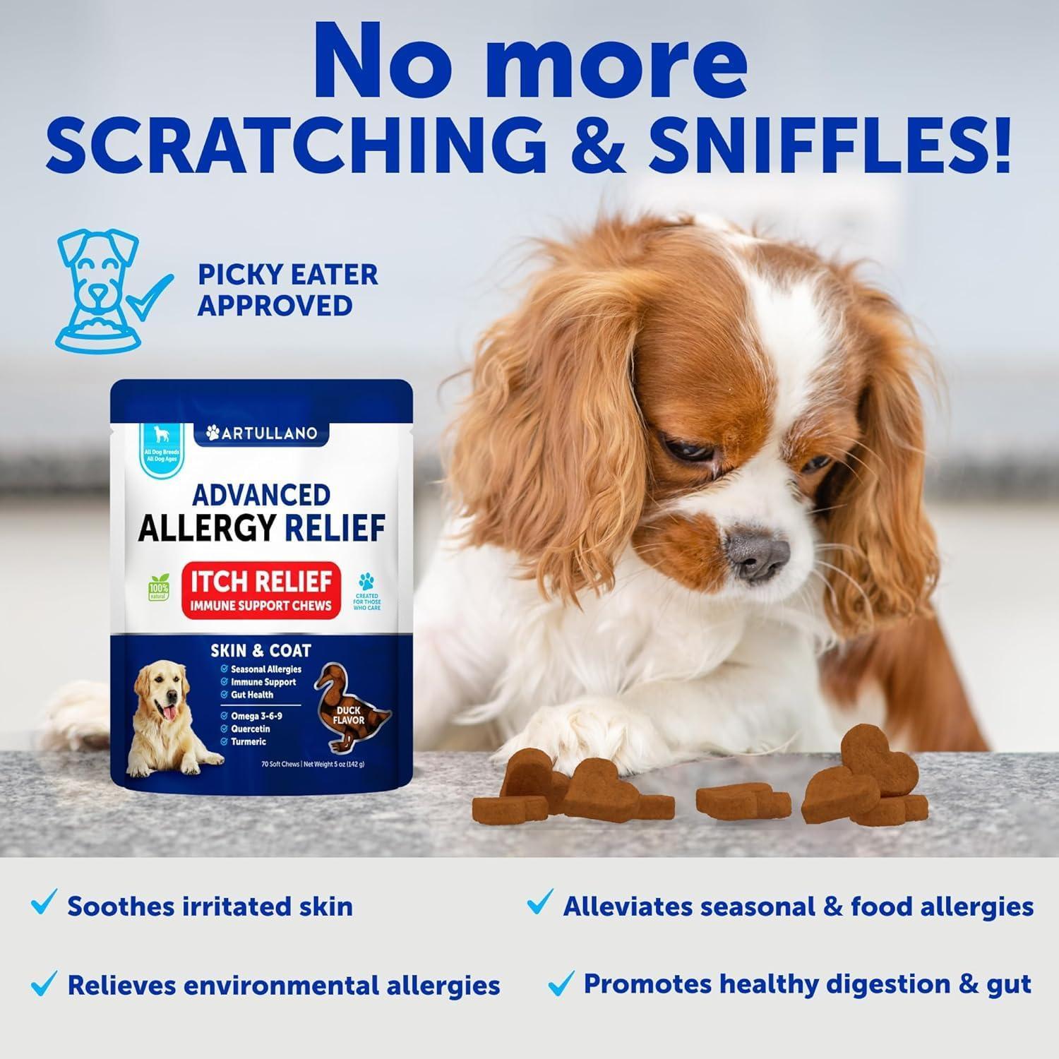 Artullano Dog Itching Skin & Coat Anti Itch, Hot Spots, and Allergy Relief Treatment. Immune Health Supplement for Dogs with Fish Oil and Omega 3. 70 Treats. Duck Flavor. For Pet With Love