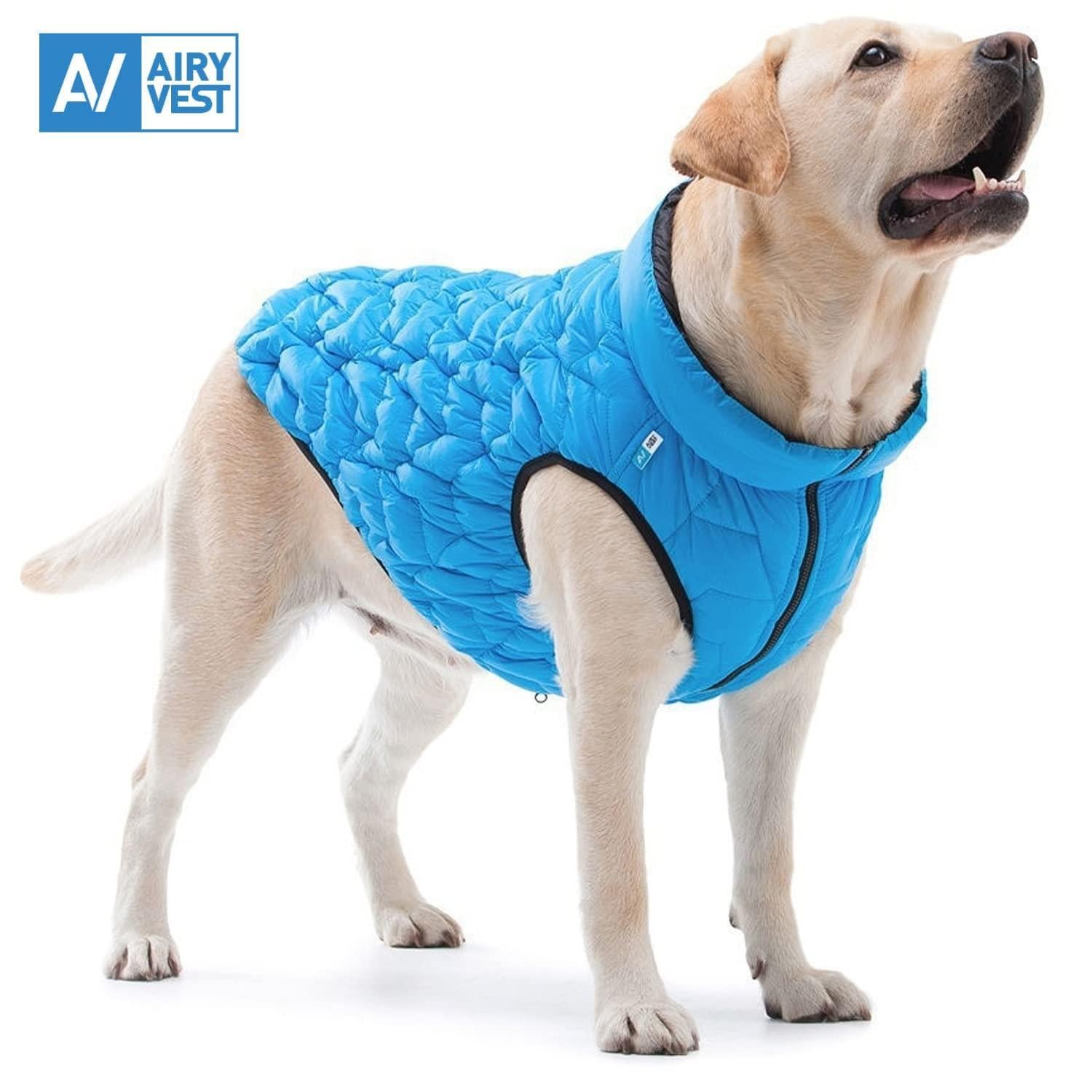 AiryVest Lightweight Reversible Water Resistant Puffer Dog Jacket - XS28 - Blue/Black For Pet With Love