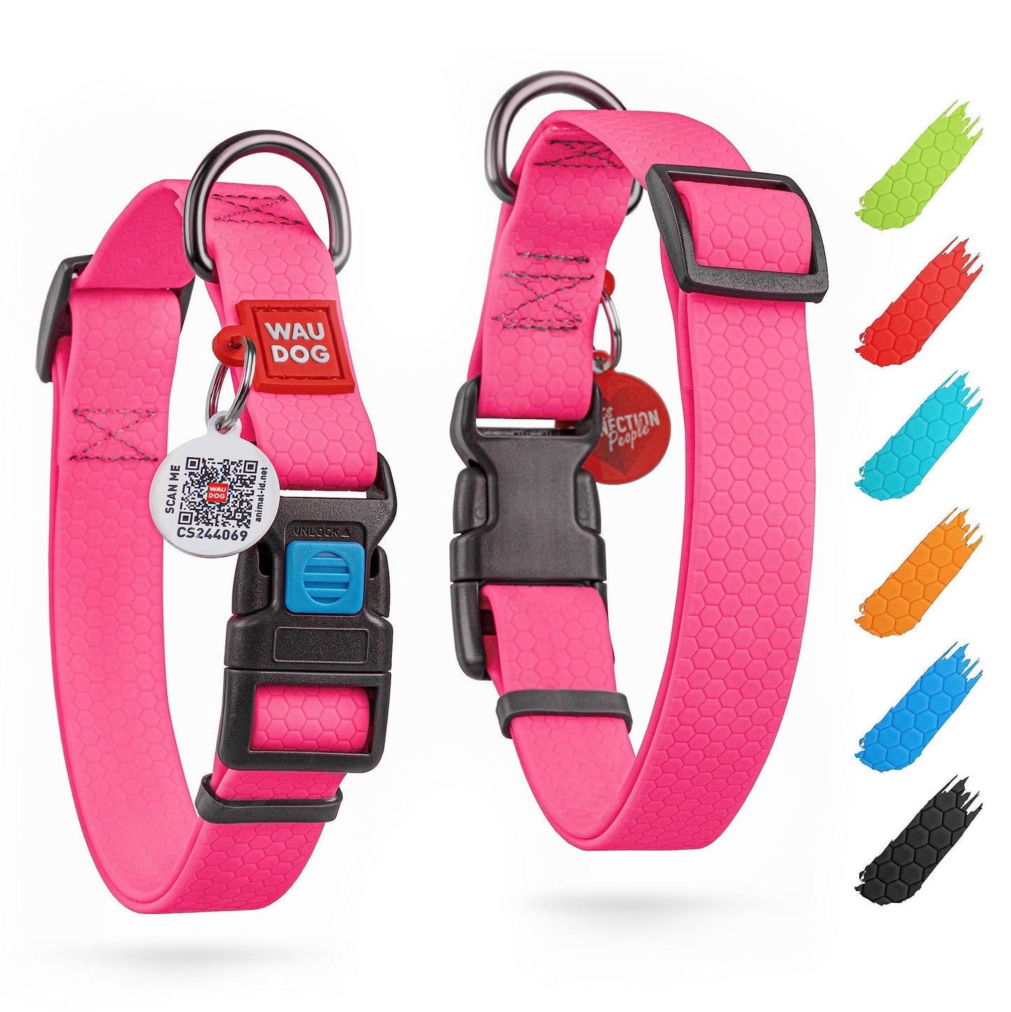 WAUDOG Adjustable Waterproof Heavy Duty Dog Collar with Durable Plastic Buckle and QR Dog Tag. MEDIUM (Pink) For Pet With Love