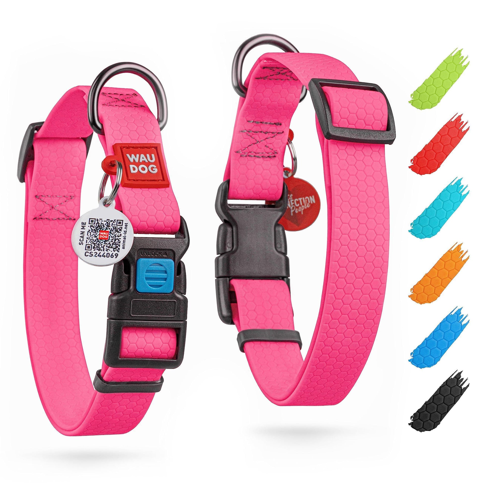 WAUDOG Adjustable Waterproof Heavy Duty Dog Collar with Durable Plastic Buckle and QR Dog Tag. MEDIUM (Pink) For Pet With Love
