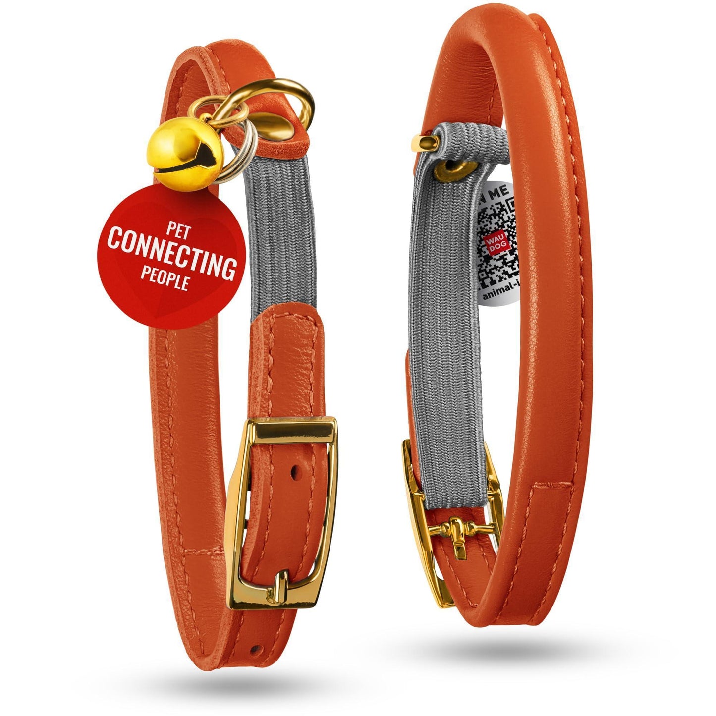 WAUDOG Ultra Soft Rolled Leather Cat Collar with Removable Bell Safety Elastic Strap and QR ID Tag. Orange. (SMALL) For Pet With Love