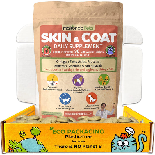 Makondo Pets Skin and Coat Supplement with Fish Oil for Dogs & Cats (90 Tablets) For Pet With Love