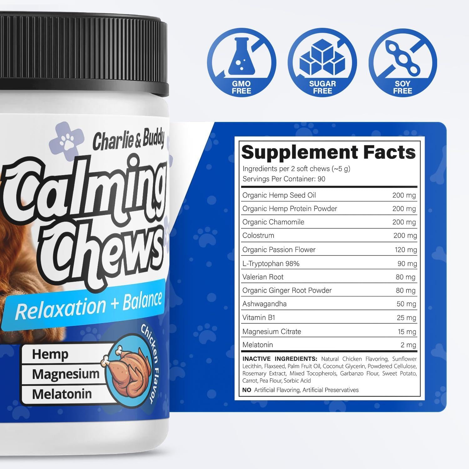 Charlie and Buddy Anxiety Relief Calming Chews for Dogs 90 Chews For Pet With Love