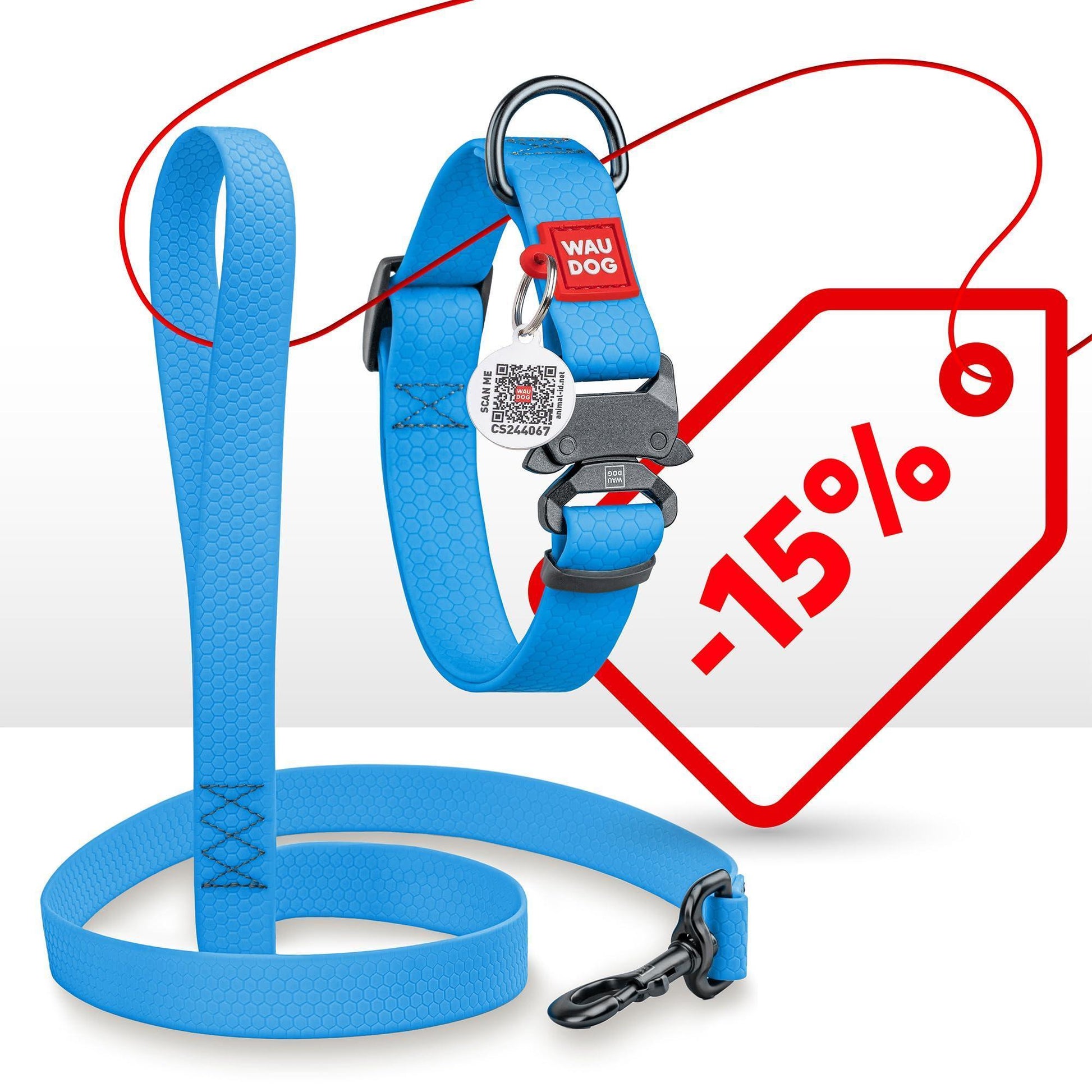 WAUDOG Adjustable Waterproof Heavy Duty Dog Collar with Durable Metal Clasp and QR Dog Tag. SMALL (Blue) For Pet With Love