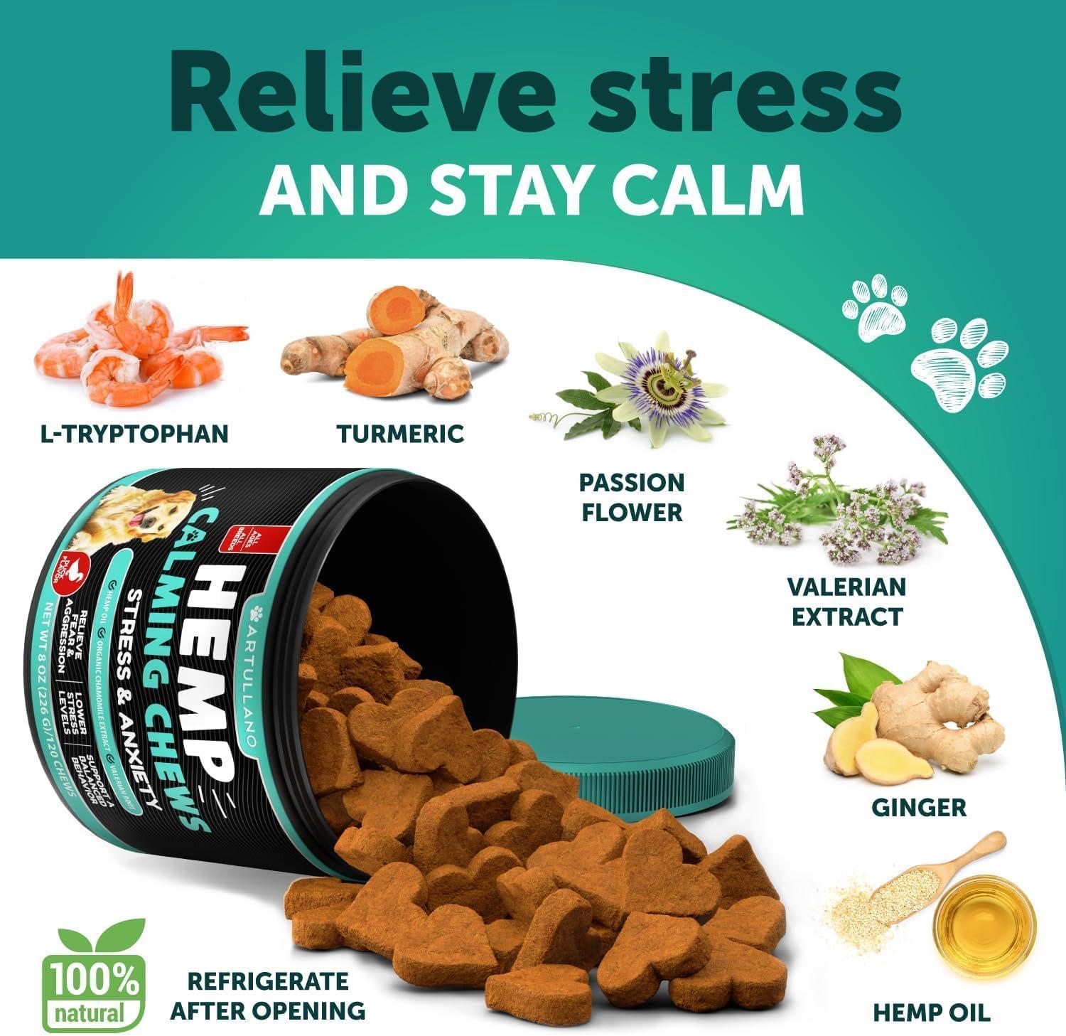 Artullano Hemp Anxiety Relief Calming Chews for Dogs 120 Chews For Pet With Love