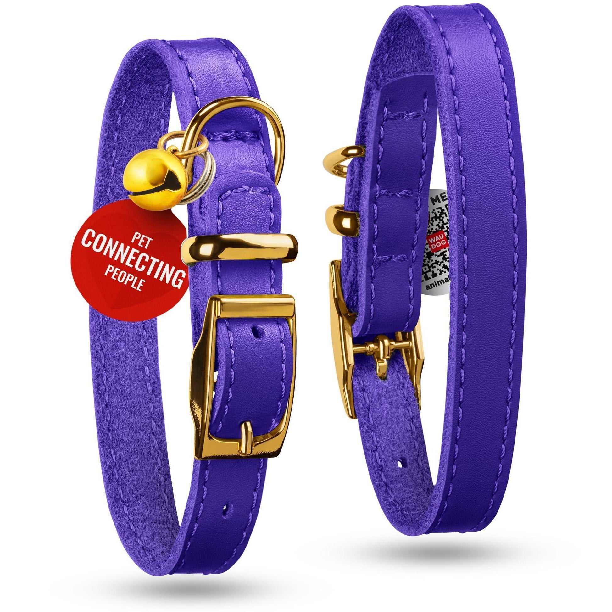WAUDOG Leather Cat Collar with Removable Bell and QR ID Tag. PURPLE. MEDIUM. For Pet With Love