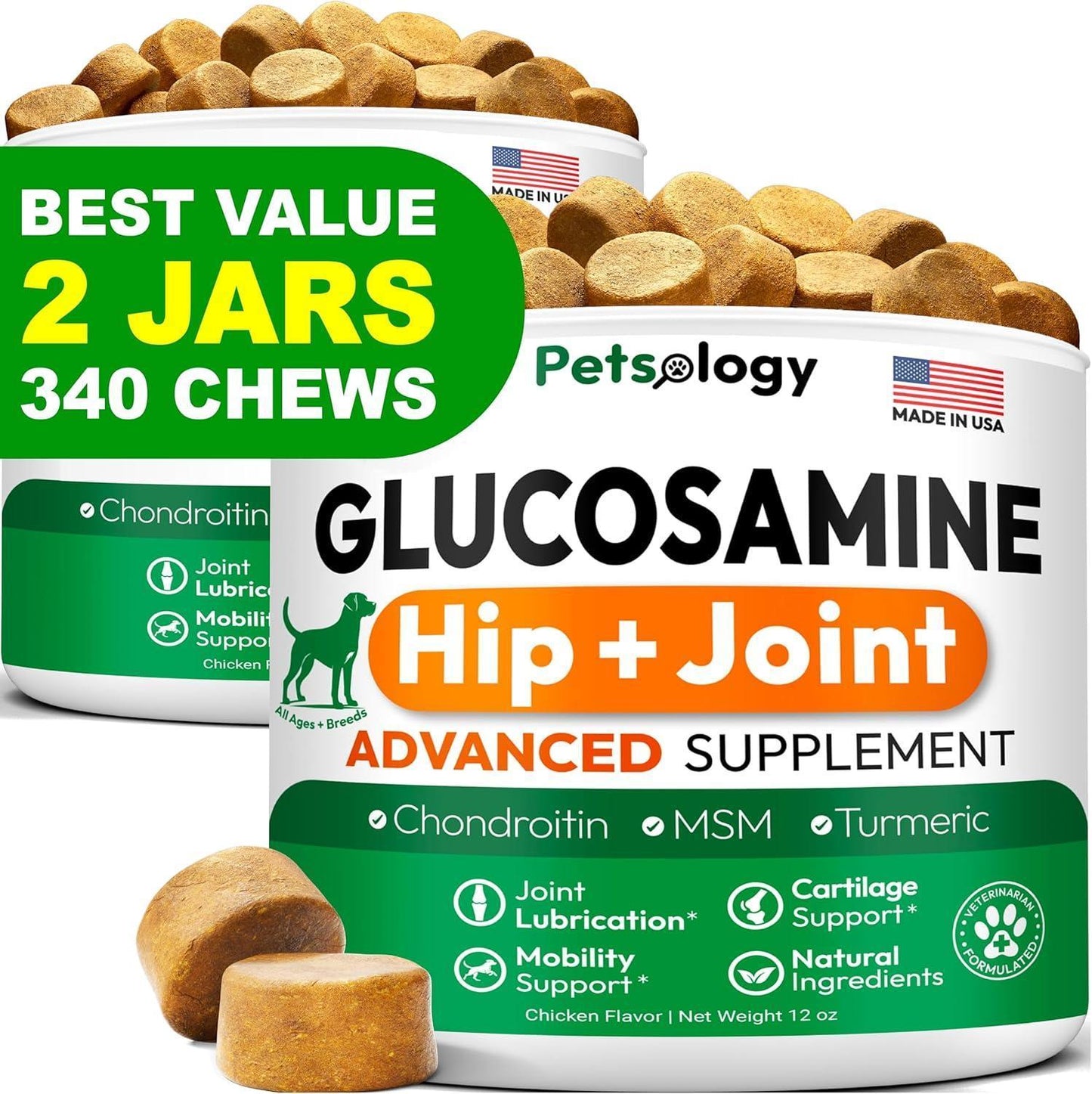 Petsology Mobility Advanced Hip and Joint Supplement for Dogs with Glucosamine Chondroitin. Made in USA. (2-pack) 340 Chews.