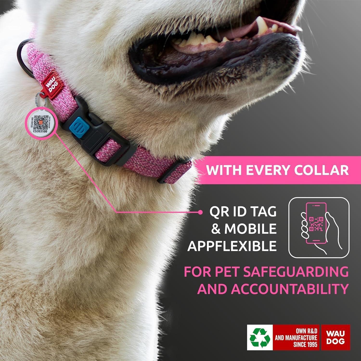 WAUDOG Reflective Cotton Dog Collar with QR ID Tag. Adjustable Eco Friendly Alternative to Nylon Collar. LARGE. Pink. For Pet With Love