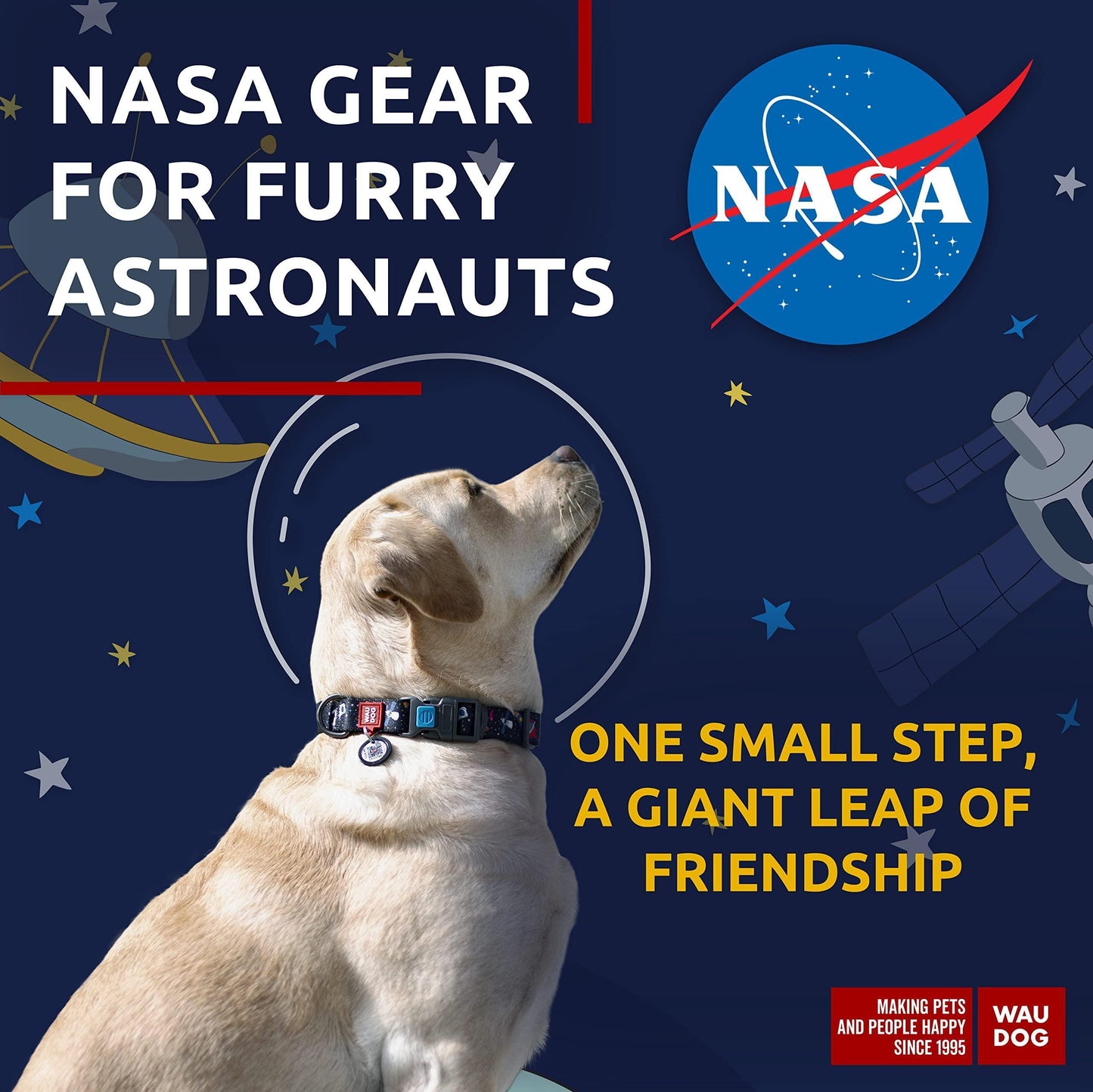 WAUDOG Adjustable Nylon Dog Collar with Durable Plastic Buckle and QR Dog Tag NASA LARGE For Pet With Love