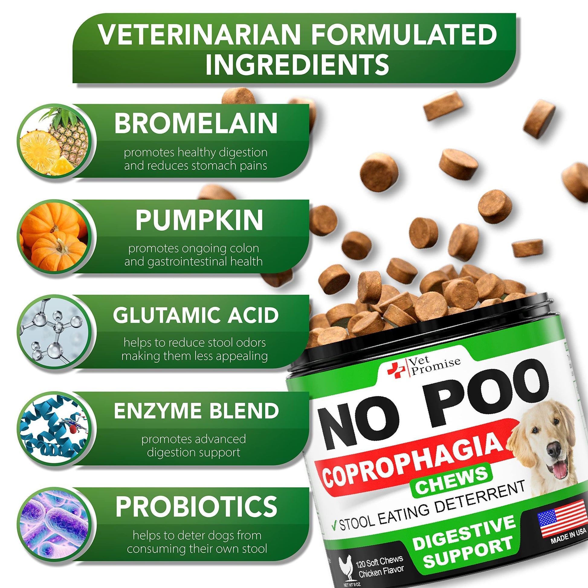 Vet Promise NO POO Stool Eating Deterrent with Probiotics & Enzymes for Dogs 120 Ct For Pet With Love