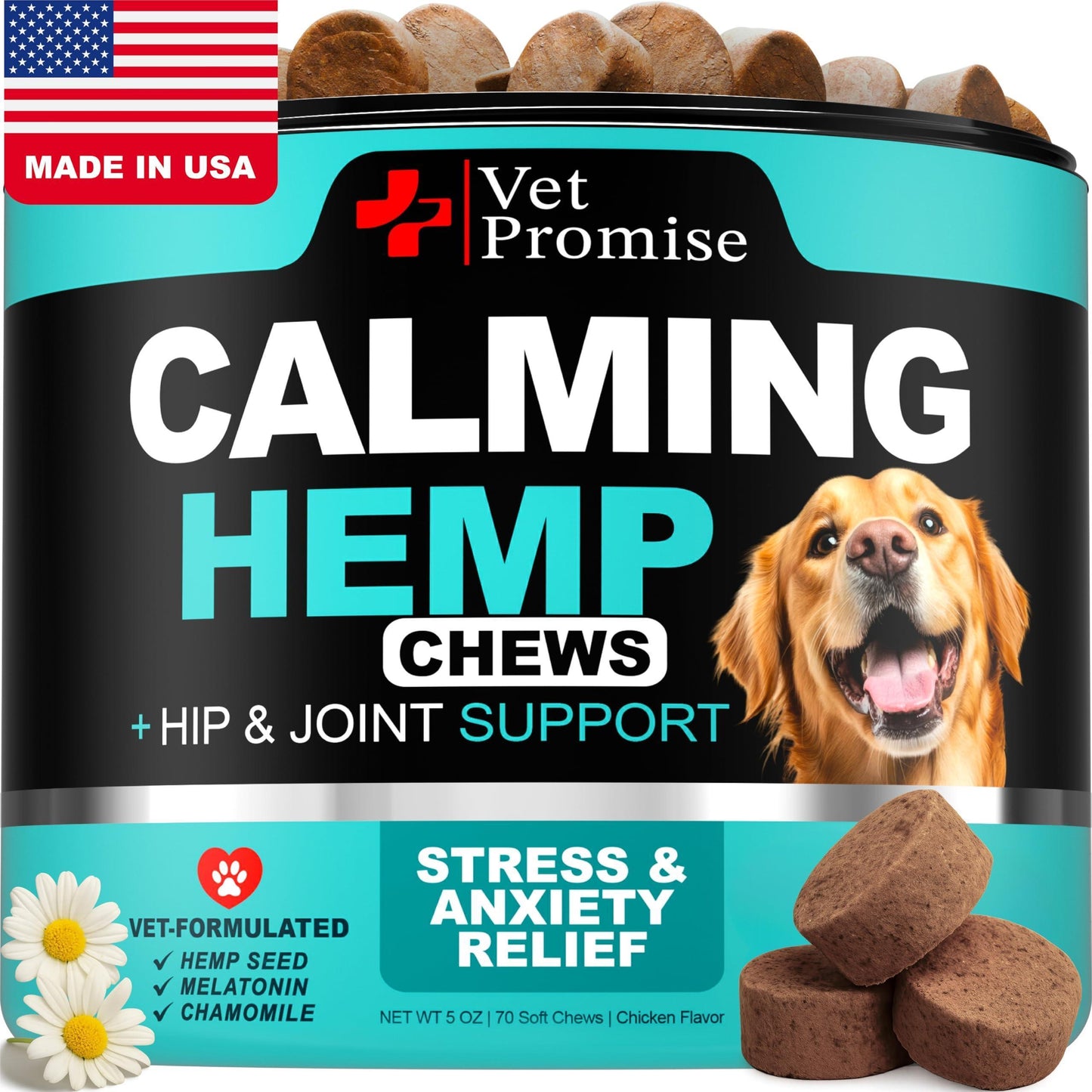 Vet Promise Advanced Calming Hemp Anxiety Relief Chews for Dogs with Melatonin. Stress & Separation Anxiety, Sleep Aid, Hip and Joint Supplement Support.  Made in USA (70 Treats) For Pet With Love