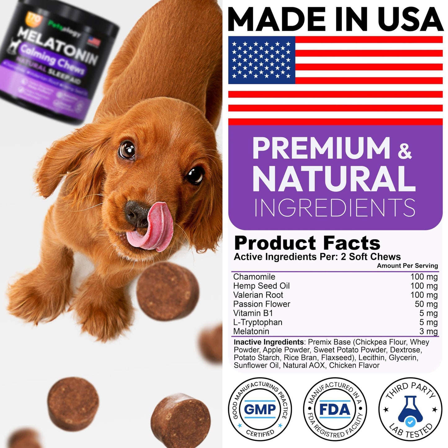 PETSOLOGY Melatonin Calming Chews for Dogs Natural Sleep Aid with Hemp Seed Oil, Chamomile, Valerian Root. Made in USA (170 Chews. Chicaken Flavor) For Pet With Love