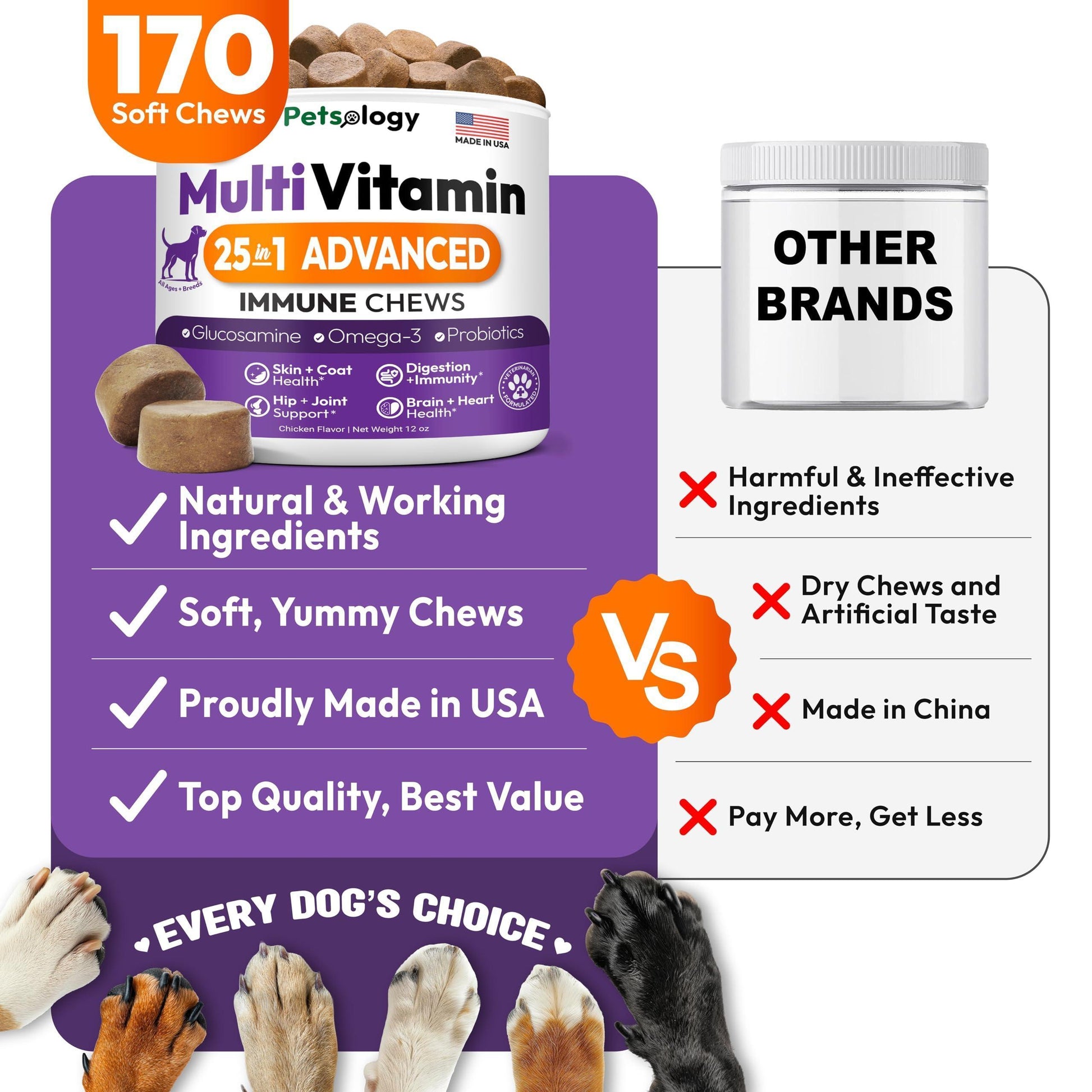 PETSOLOGY Dog Multivitamin and Hip & Joint Support with Glucosamine 170 Chews For Pet With Love