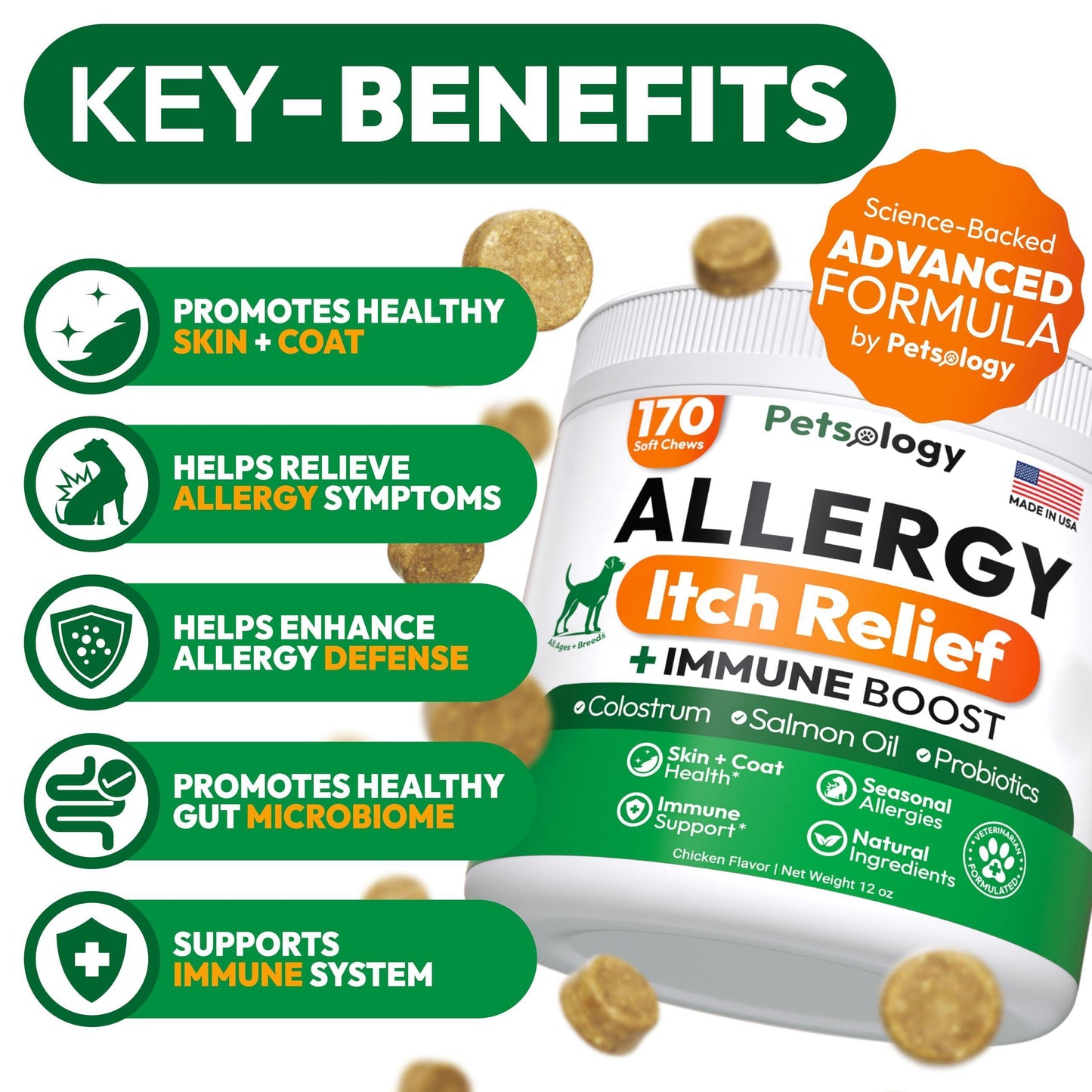 PETSOLOGY Dog Allergy Itching Relief Chews with Omega 3 Fish Oil Probiotics 170 Chews For Pet With Love