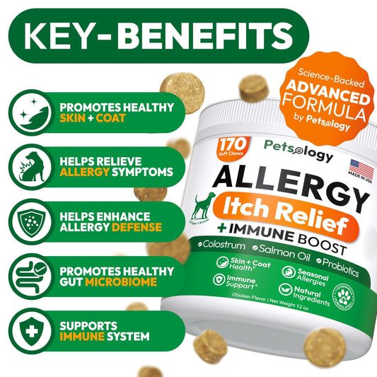 PETSOLOGY Dog Allergy Itching Relief Chews with Omega 3 Fish Oil Probiotics 170 Chews For Pet With Love