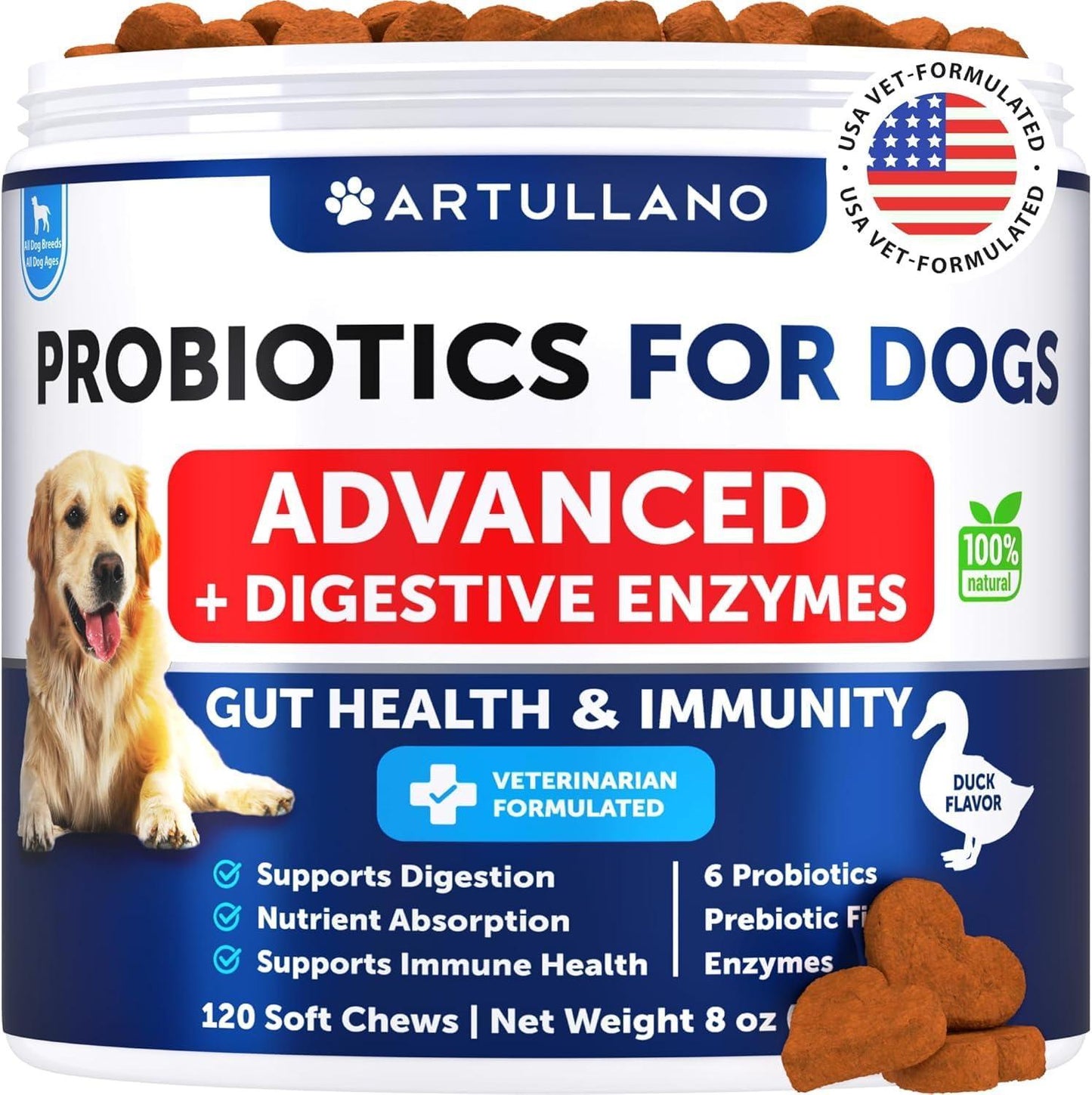 Artullano Dog Probiotics and Digestive Enzymes with Prebiotics (120 Chews) For Pet With Love