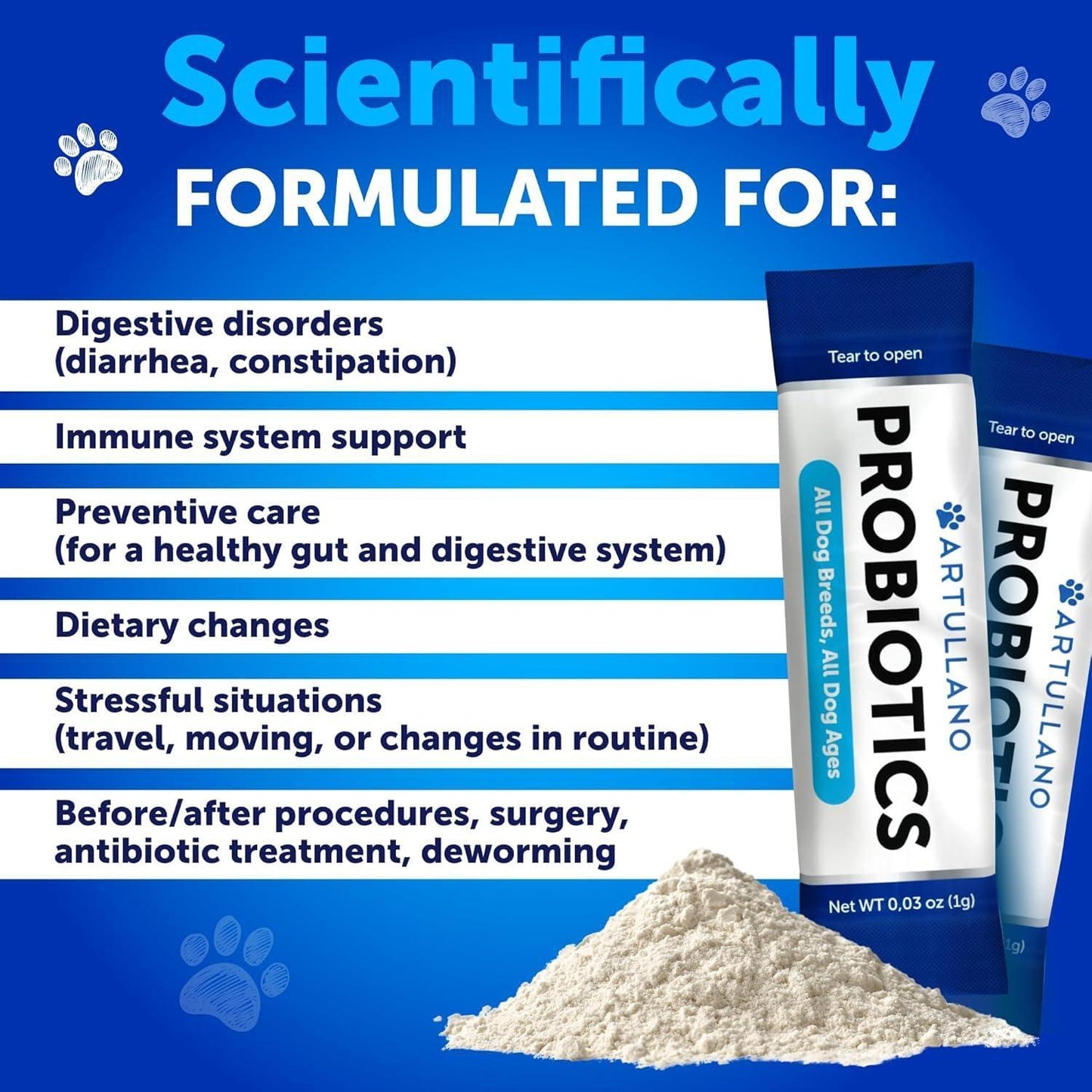 Artullano Probiotics and Digestive Enzymes with Prebiotics for Dogs 30 Powder Sticks For Pet With Love