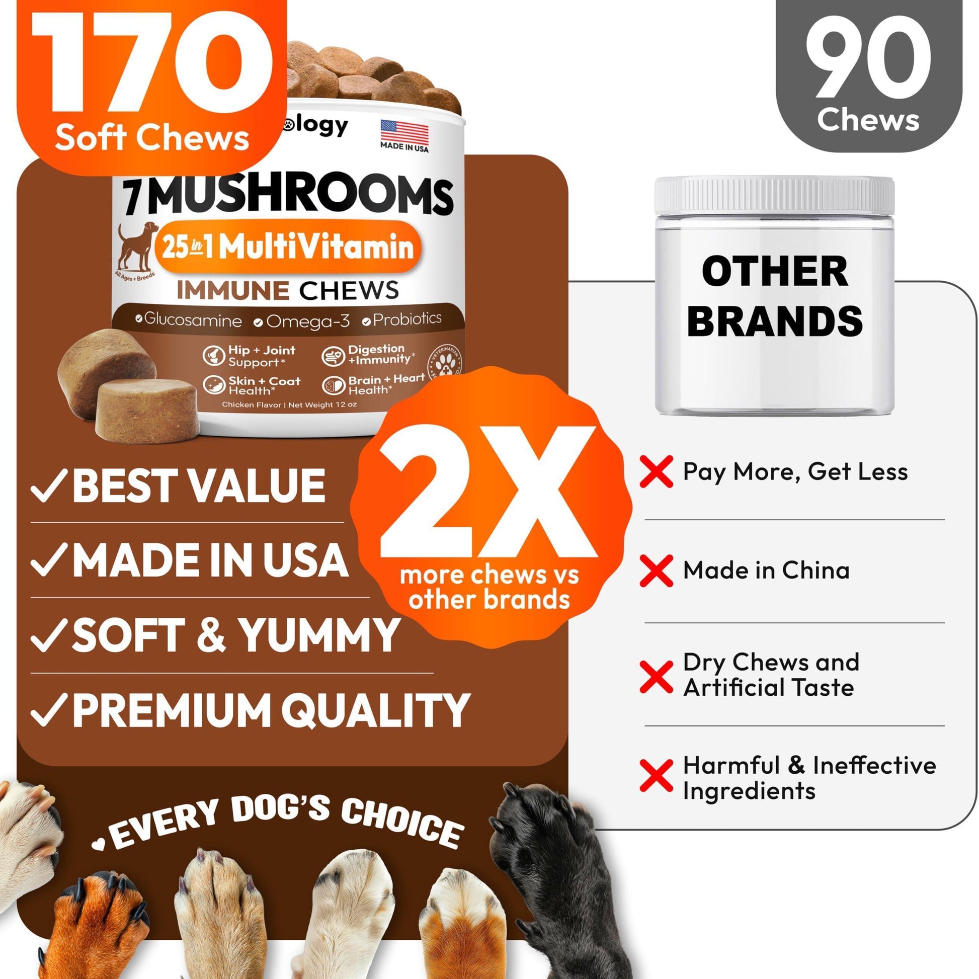 PETSOLOGY Mushroom Multivitamin Supplement for Dogs with Glucosamine, Omega 3 and Probiotics. 170 Chews For Pet With Love