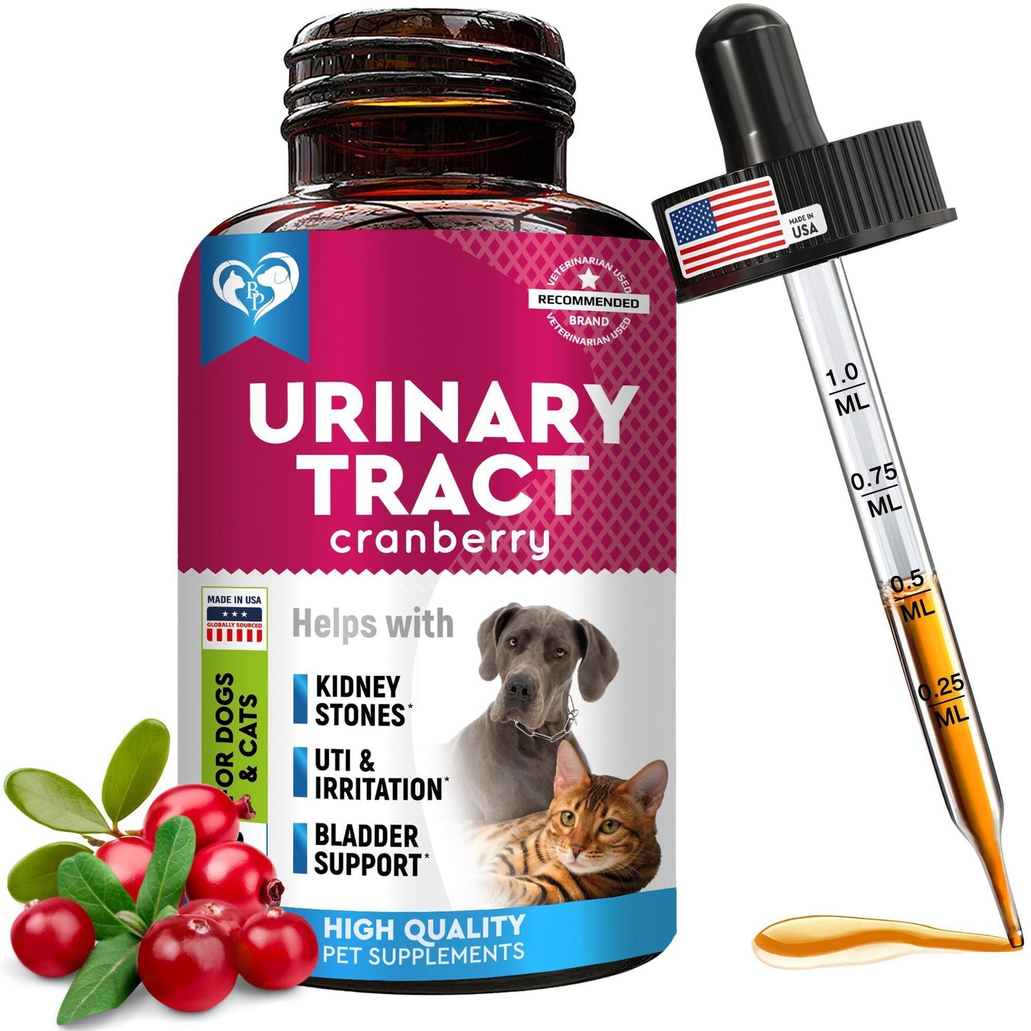 Beloved Pets Cat & Dog Urinary Tract Infection Treatment & Natural UTI Medicine Kidney Bladder Support Supplement  - Cranberry - 2 fl. oz. For Pet With Love