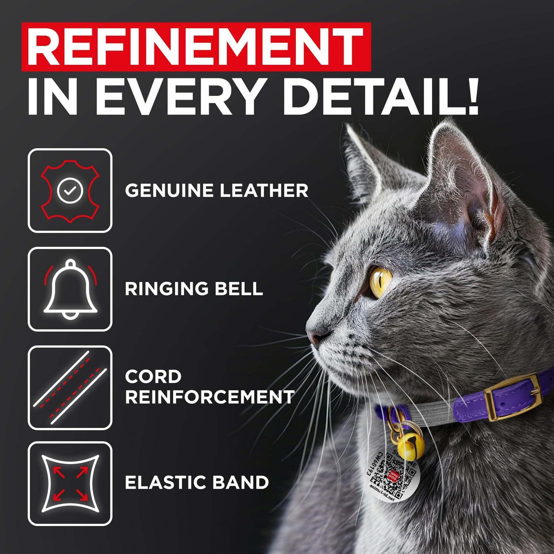 WAUDOG Ultra Soft Rolled Leather Cat Collar with Removable Bell Safety Elastic Strap and QR ID Tag. Purple. (Medium) For Pet With Love