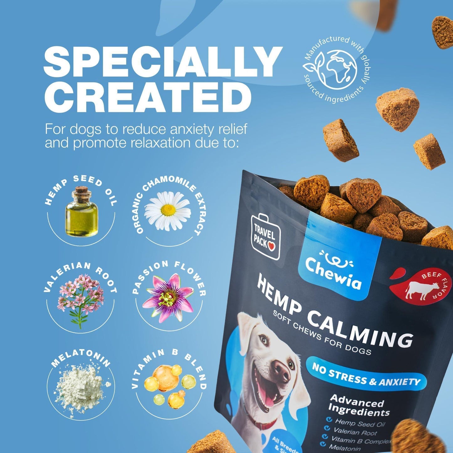 CHEWIA Hemp Calming Anxiety Support Chews for Dogs with Melatonin, Chamomile Extract, and Valerian Root. 70 Chews For Pet With Love