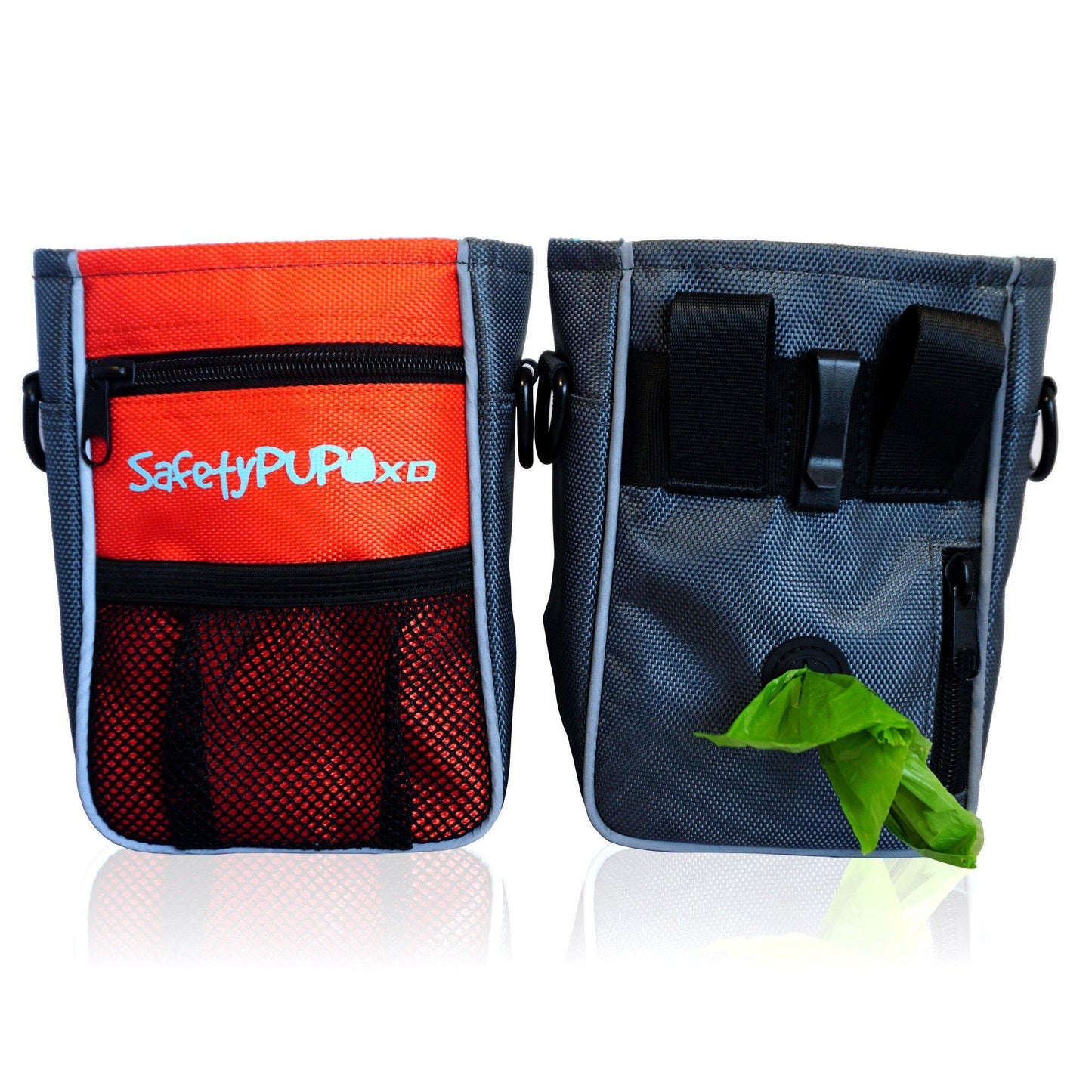 SafetyPUP XD HiVis Dog Treat Bag with Poop Bag Dispenser and Secure Pouch Closure (Orange) For Pet With Love