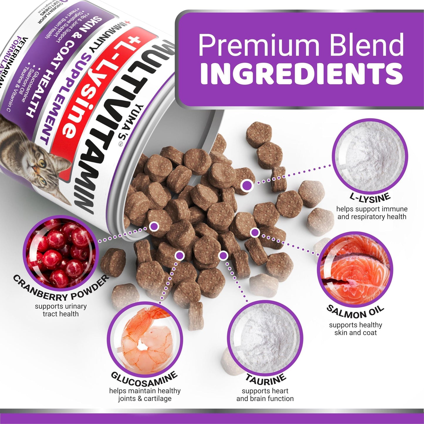 YUMA'S Multivitamin + Immunity Chewable Supplement Treats for Cats. Hip & Joint Support, Immune Health, Skin and Heart Supplement. Digestion Probiotics.