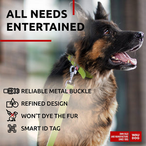 WAUDOG Long Lasting Leather Dog Collar with Durable Buckle D Ring & QR Dog Tag GREEN LARGE