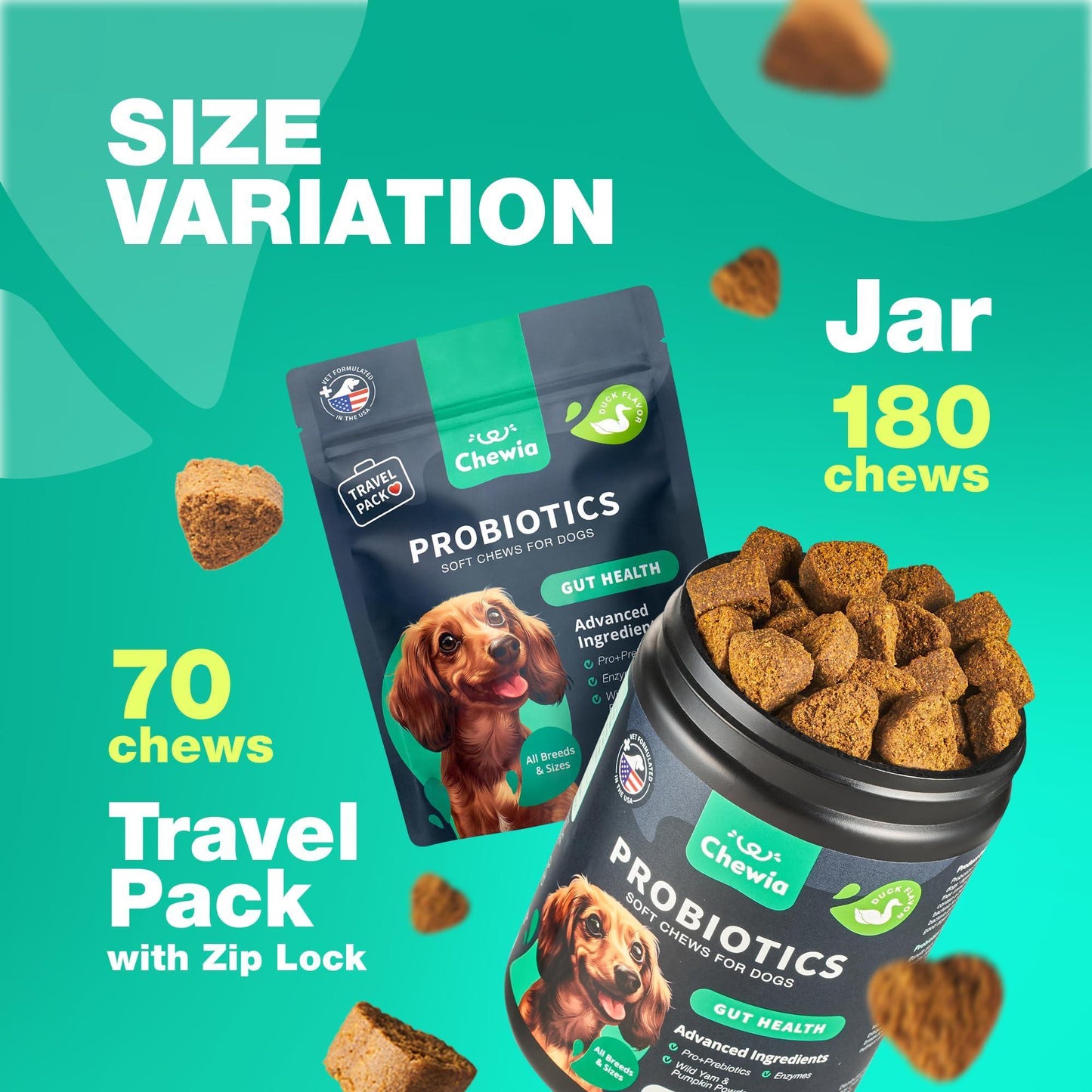 CHEWIA Dog Probiotic Chews with Digestive Enzymes, Pumpkin and Yeast Powder for Gut Health, Digestion Immunity, Yeast Balance, Itchy Skin Allergies Support. 180 Chews. For Pet With Love