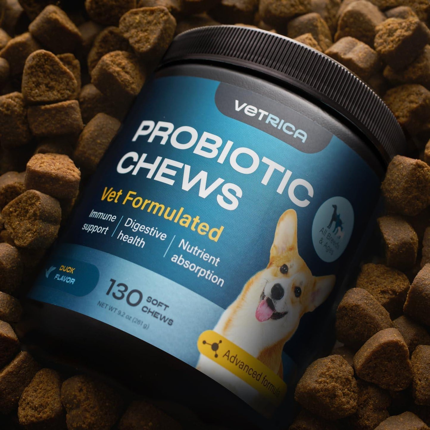 VETRICA Advanced Probiotic Diarrhea and Bowel Support Supplement for Dogs. Digestive and Gut Health, Dental, Immune System Support. 130 Chews. Duck Flavor For Pet With Love