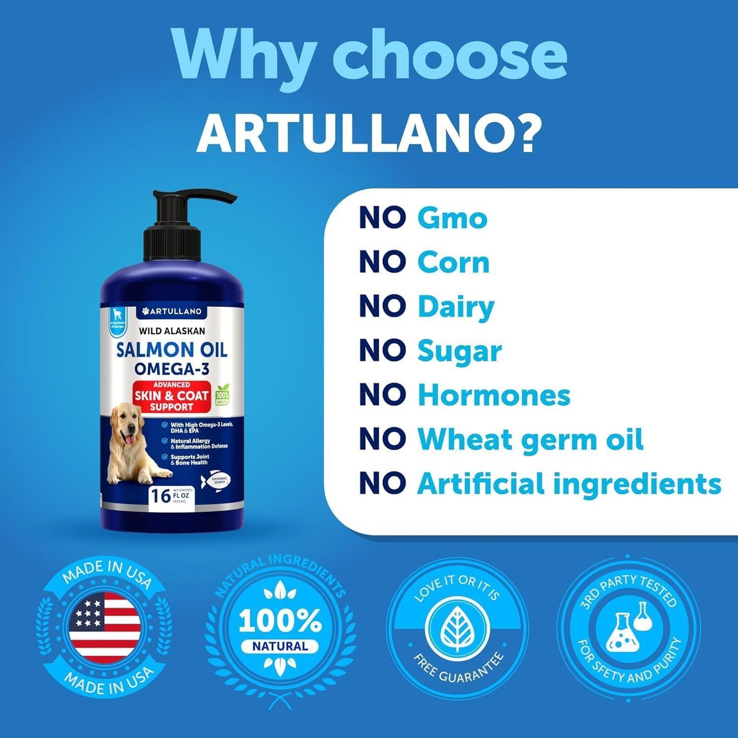 Artullano Wild Alaskan Salmon Fish Oil with Omega 3 for Dogs 16 Oz Liquid For Pet With Love
