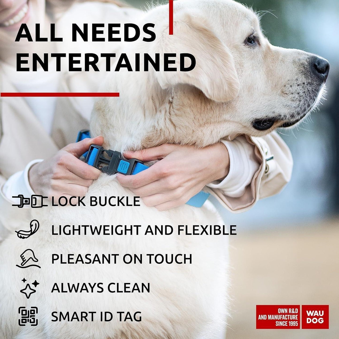 WAUDOG Adjustable Waterproof Heavy Duty Dog Collar with Durable Plastic Buckle and QR Dog Tag. XXLARGE (Blue) For Pet With Love