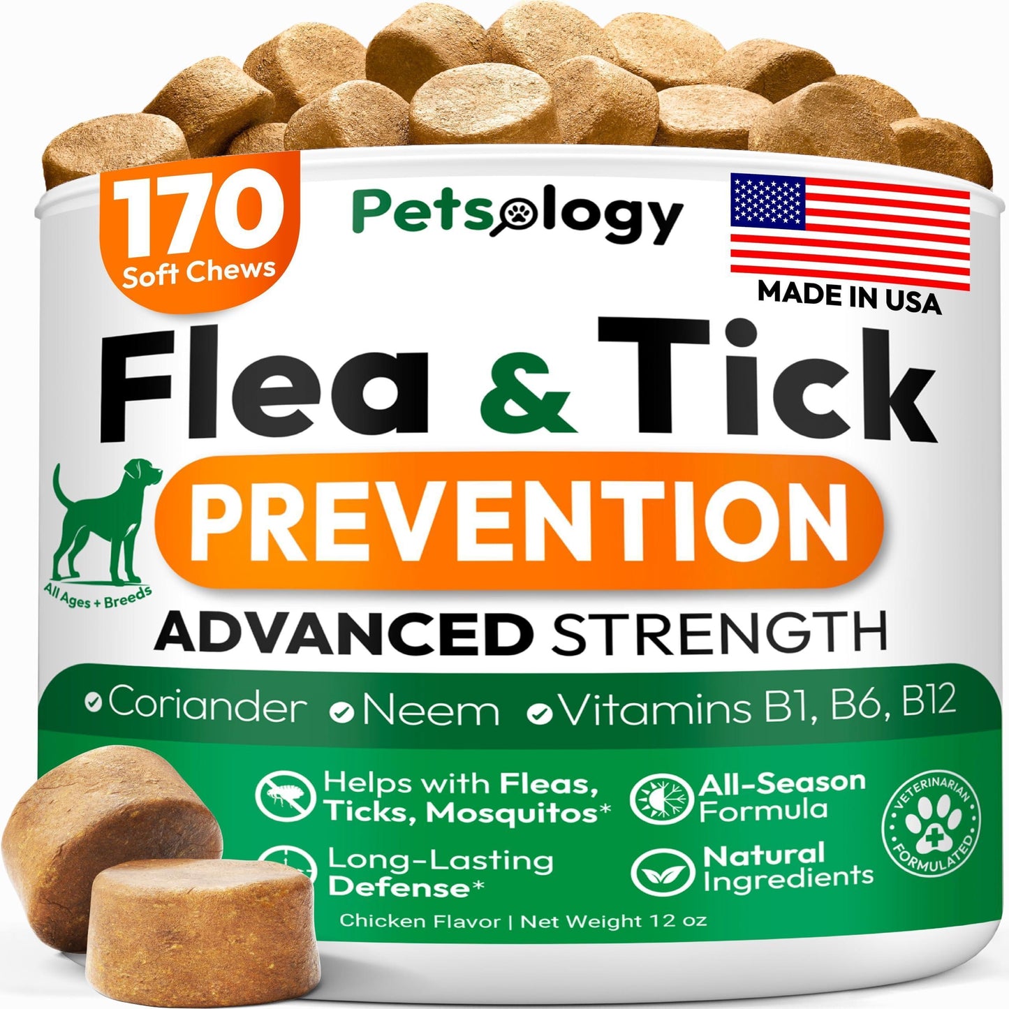 PETSOLOGY Natural  Flea and Tick Prevention Treatment for Dogs Vet Formulated Oral Defense Supplement for All Breeds & Ages 170 Soft Chews Made in USA For Pet With Love