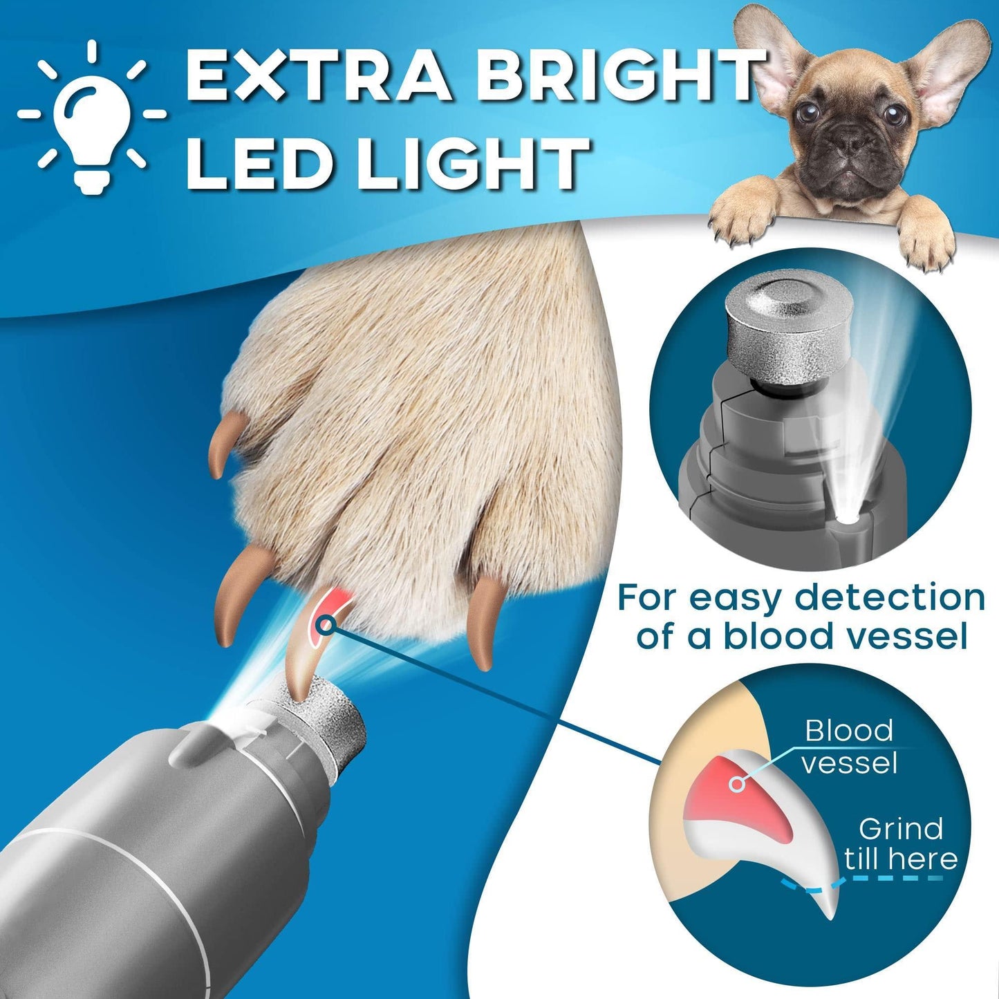 PRIMENS Rechargeable Dog Nail Grinder with LED Light (Gray) For Pet With Love