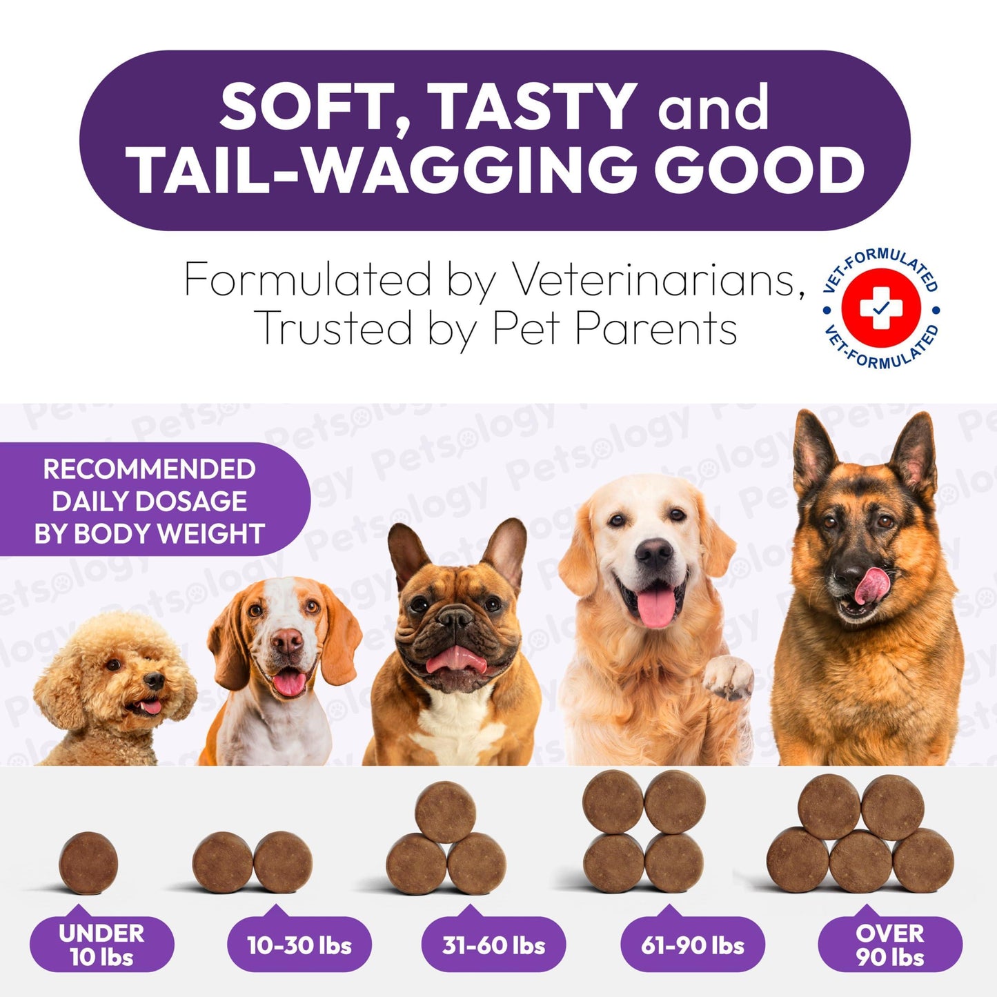 PETSOLOGY Melatonin Calming Chews for Dogs Natural Sleep Aid with Hemp Seed Oil, Chamomile, Valerian Root. Made in USA (170 Chews. Chicaken Flavor) For Pet With Love