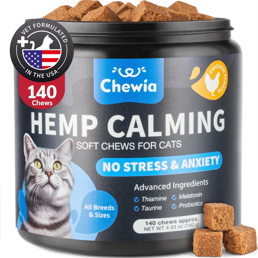 CHEWIA Hemp Calming Care Treats for Cats. Anxiety Relief Melatonin Soft Chews with Hemp Seed Oil and Probiotics (140 Chews)