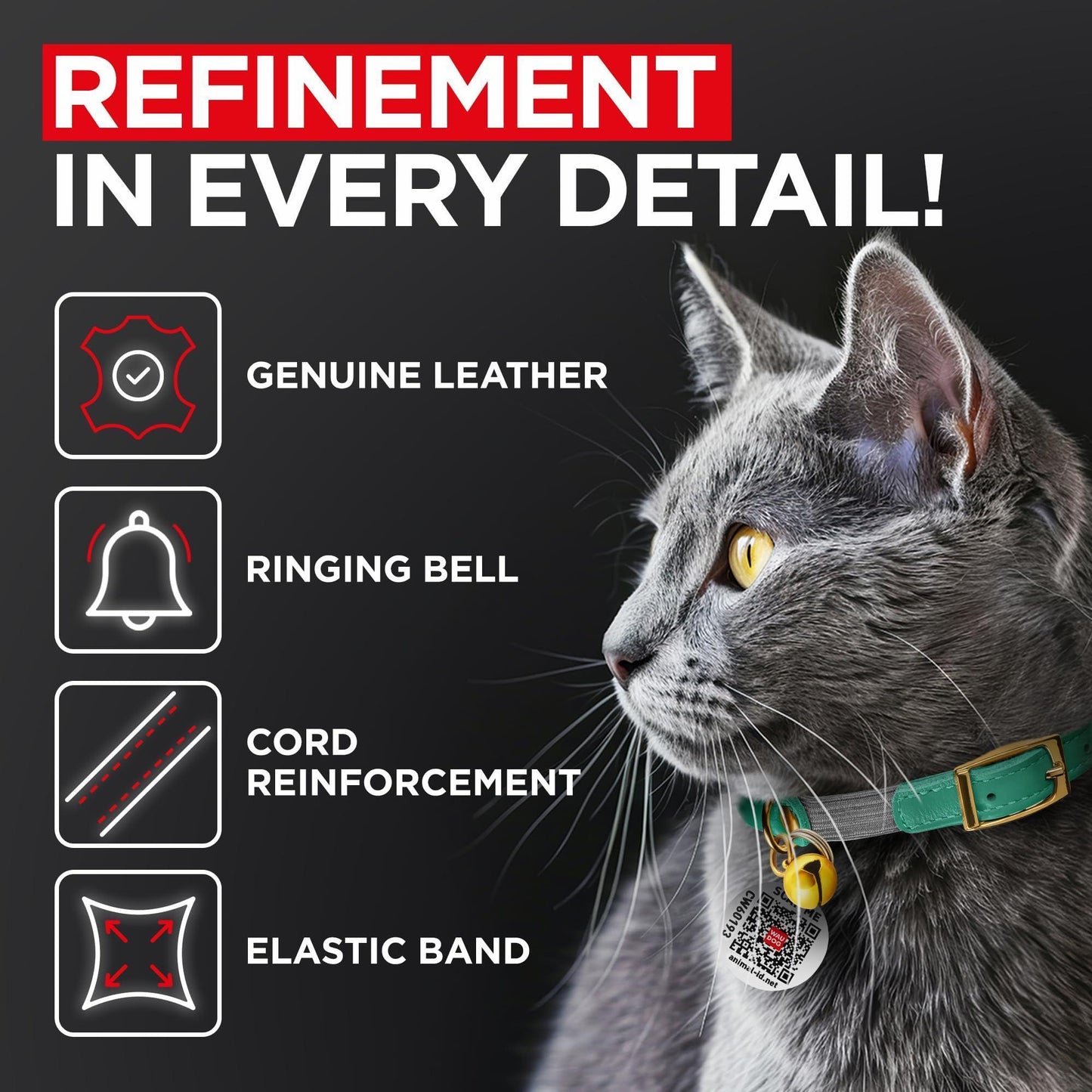 WAUDOG Ultra Soft Rolled Leather Cat Collar with Removable Bell Safety Elastic Strap and QR ID Tag. Mint Green. (Medium) For Pet With Love