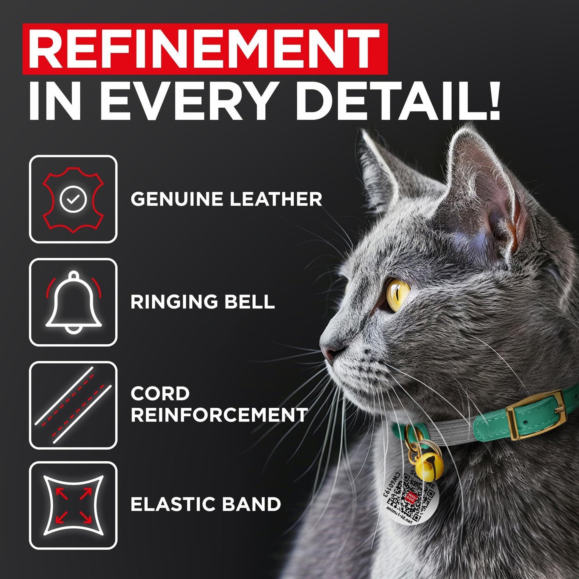 WAUDOG Ultra Soft Rolled Leather Cat Collar with Removable Bell Safety Elastic Strap and QR ID Tag. Mint Green. (Medium) For Pet With Love