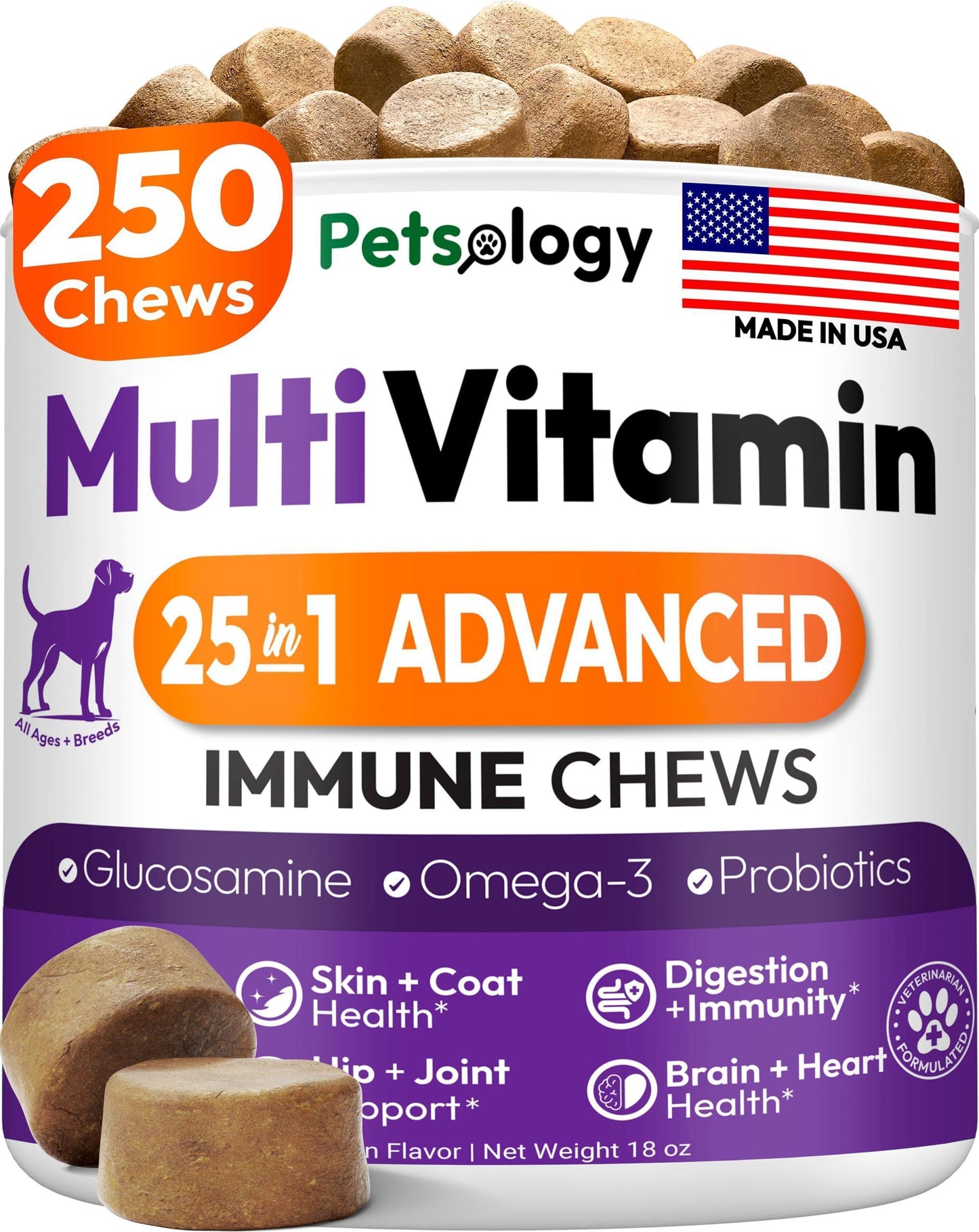 PETSOLOGY Chewable Multivitamin Pet Supplement. Hip & Joint, Pet Immune Support, Skin & Coat, Gut & Heart Health. 250 Chews
