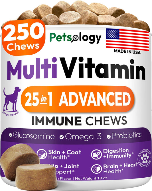 PETSOLOGY Chewable Multivitamin Pet Supplement. Hip & Joint, Pet Immune Support, Skin & Coat, Gut & Heart Health. 250 Chews