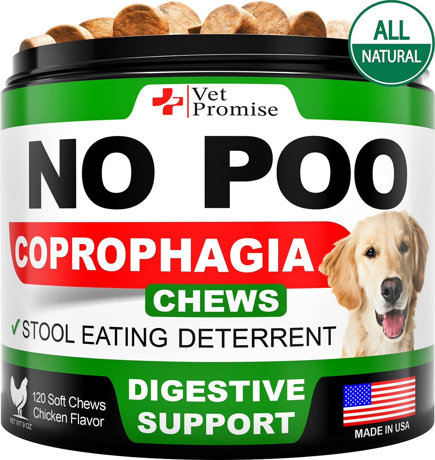 Vet Promise NO POO Advanced Coprophagia Stool Eating Deterrent for Dogs. Probiotics & Digestive Enzymes Supplement. Made in USA. 120 Soft Chews For Pet With Love